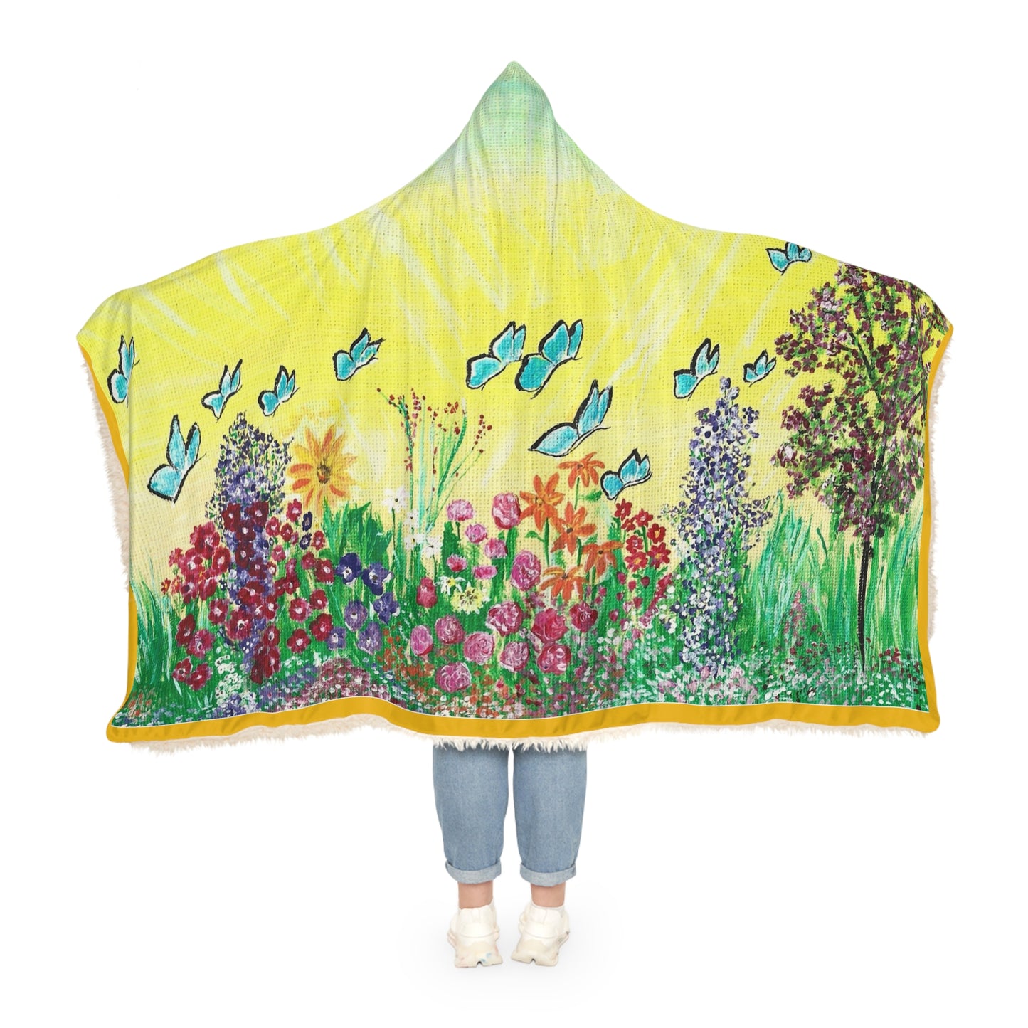 Butterfly Garden Snuggle Blanket | Floral Hooded Throw, Bright Yellow Meadow