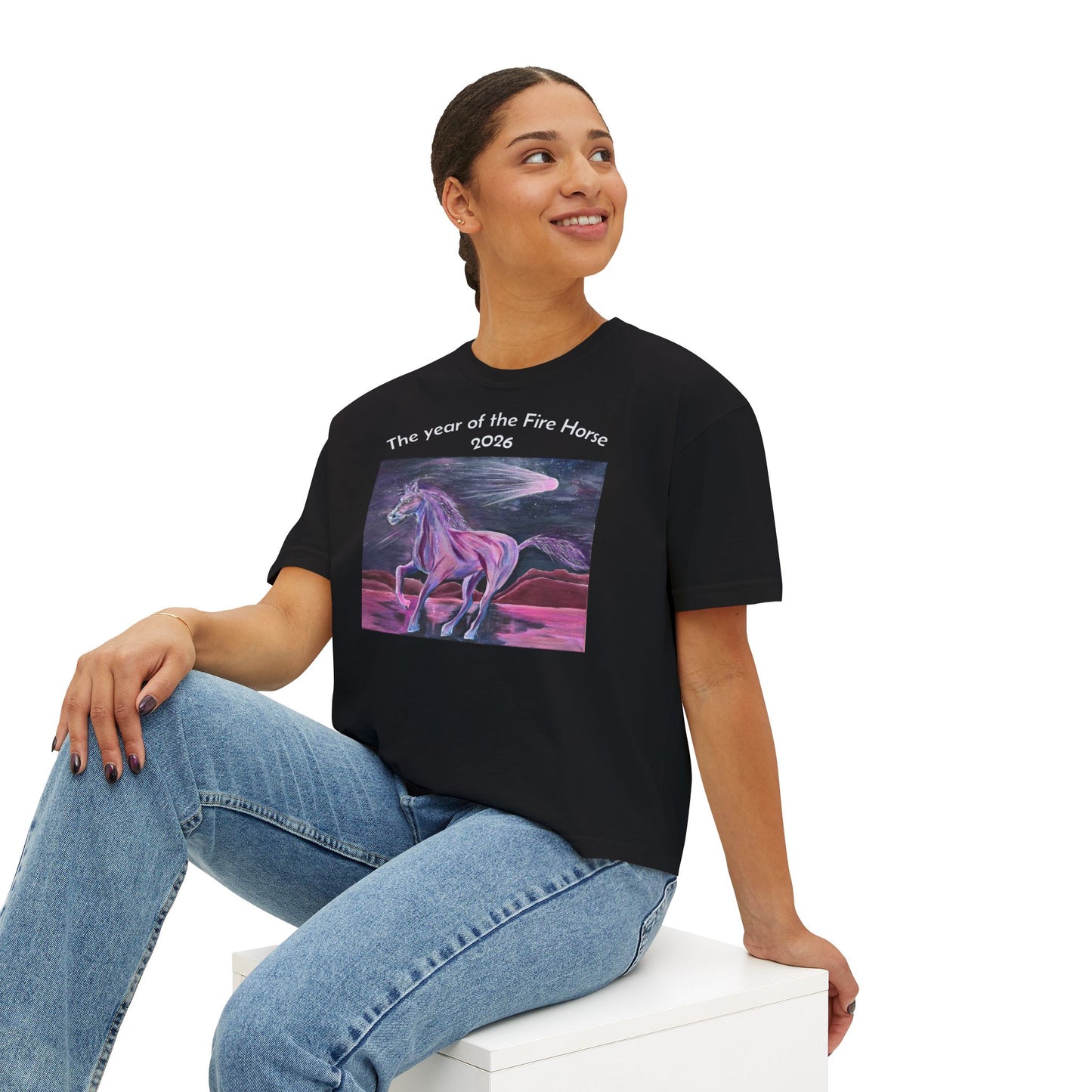 Year of the Fire Horse 2026 Women's Boxy Tee | Cosmic Colorful Fire Horse Design