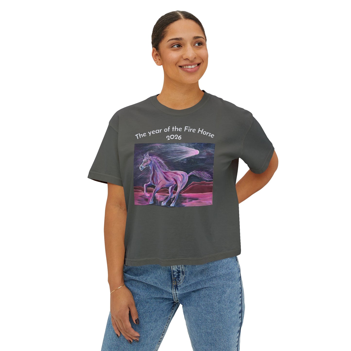 Year of the Fire Horse 2026 Women's Boxy Tee | Cosmic Colorful Fire Horse Design