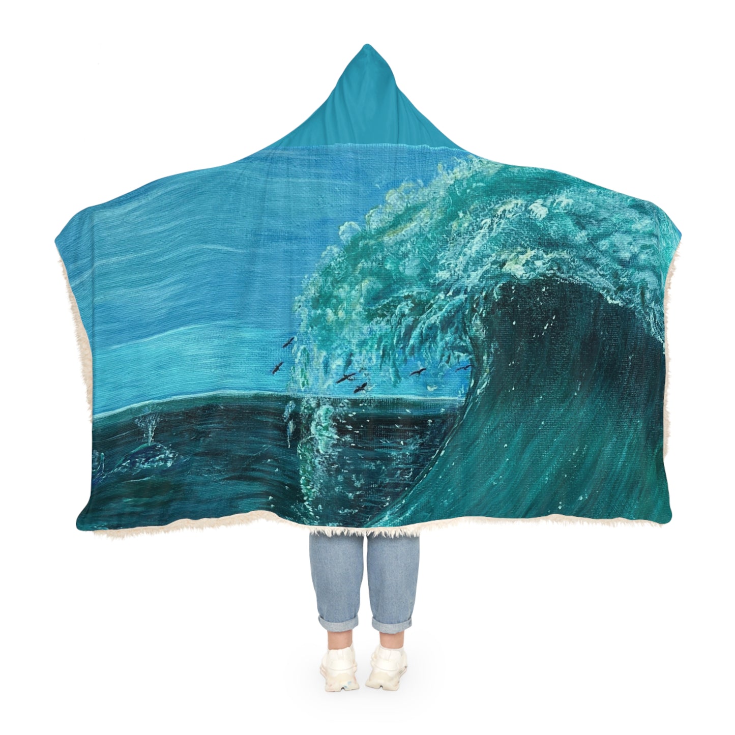 Ocean Wave Painting Snuggle Blanket | Hooded Beach Throw, Turquoise Wave Art