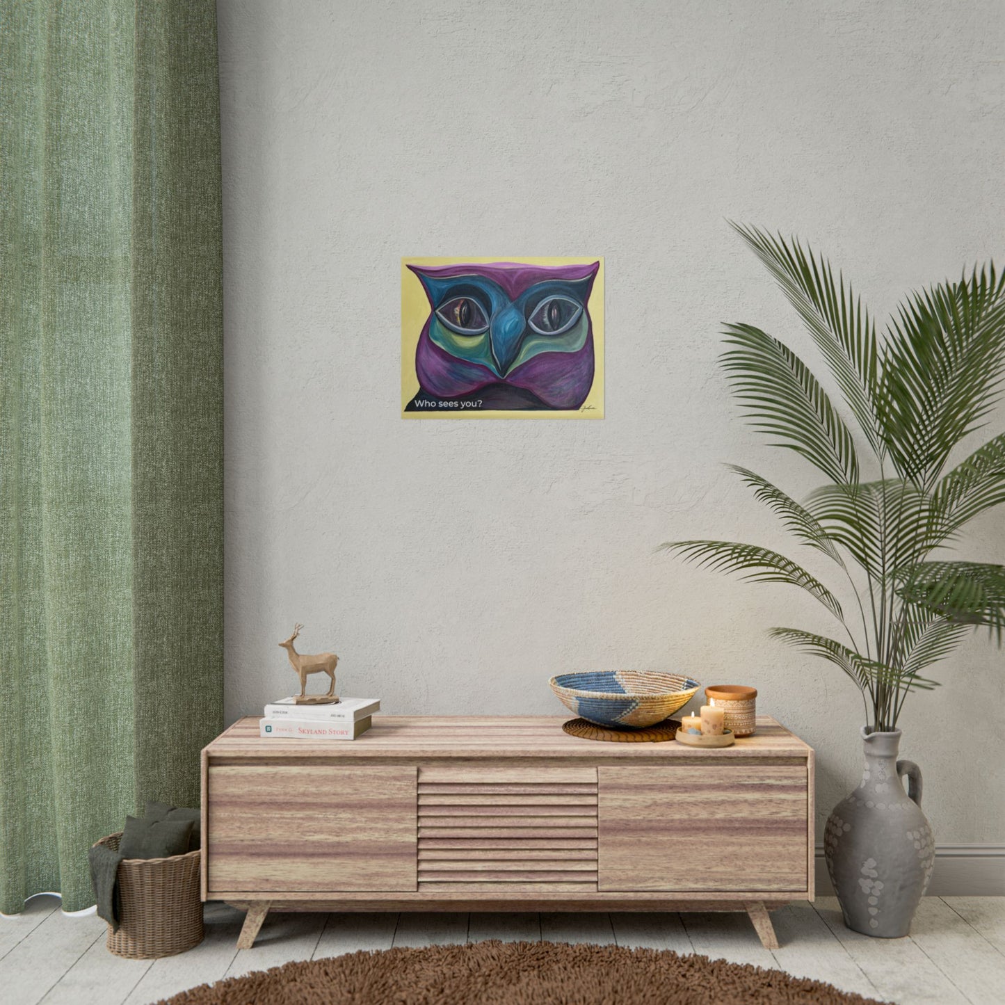 Who Sees You? Owl Face Rolled Poster | Surreal Colorful Catlike Owl Art Print