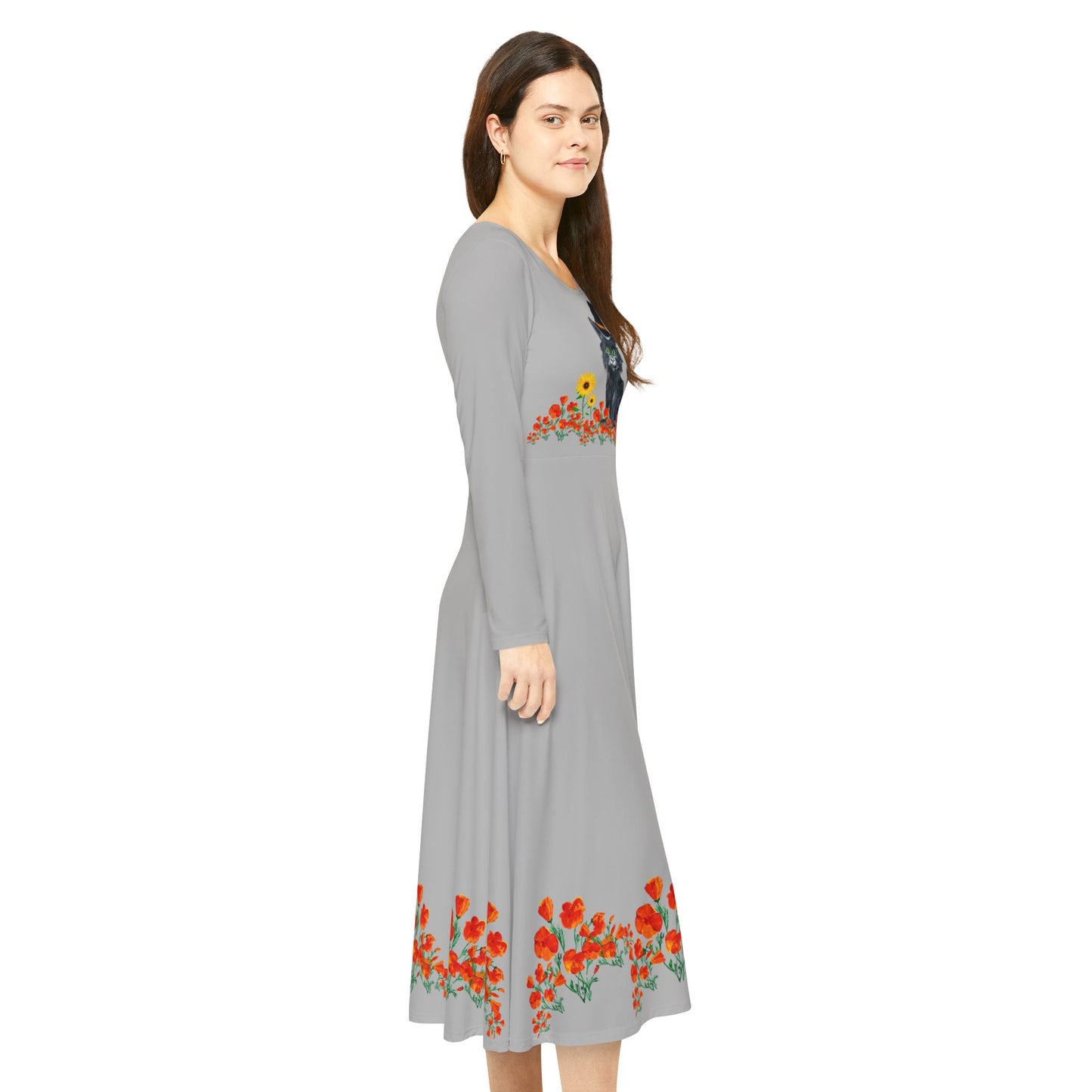 Women's Long Sleeve Witch Cat Dance Dress - Perfect for Halloween, Dance Events, Parties, Autumn Celebrations, Botanical Prints