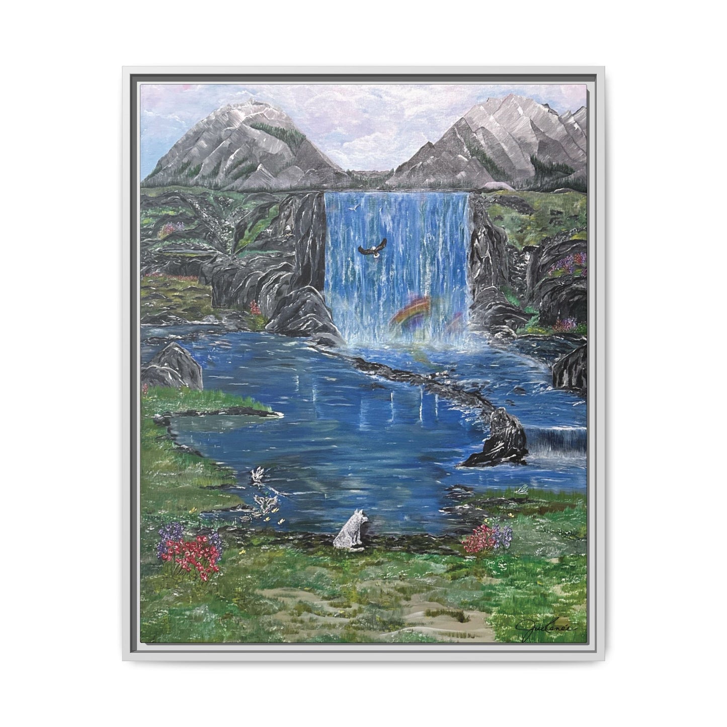 Spirit Under a Pink Sky Wolf Landscape Canvas, Framed Wall Art | Mountain Waterfall