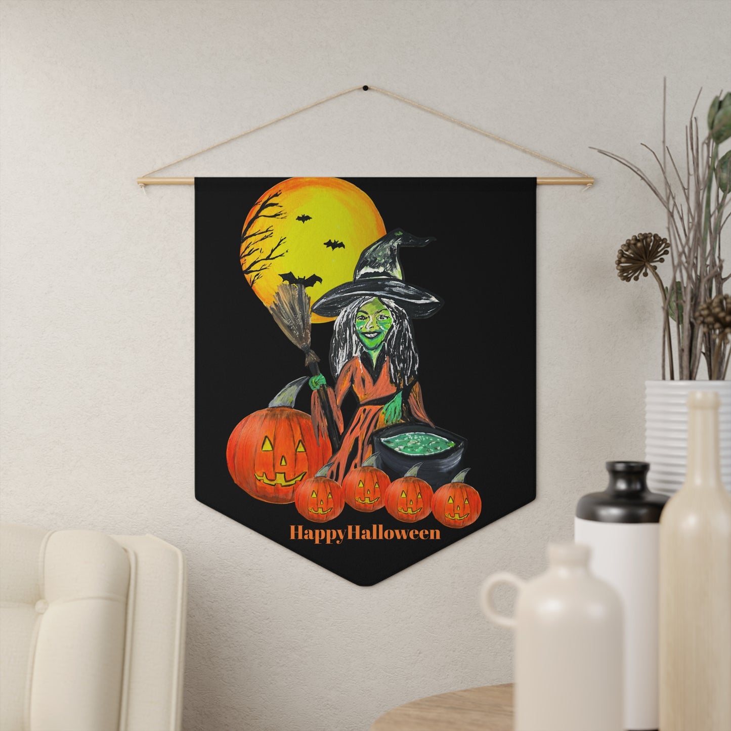 Witch with Pumpkins Pennant | Halloween Banner, Spooky Moon Decor