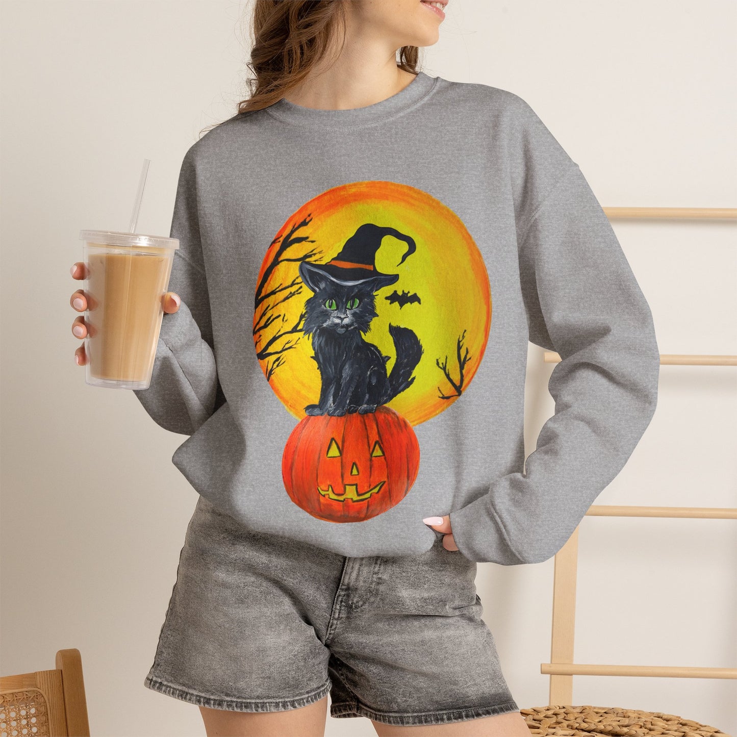 Witch Cat on Pumpkin Crewneck Sweatshirt | Halloween Black Cat Moon