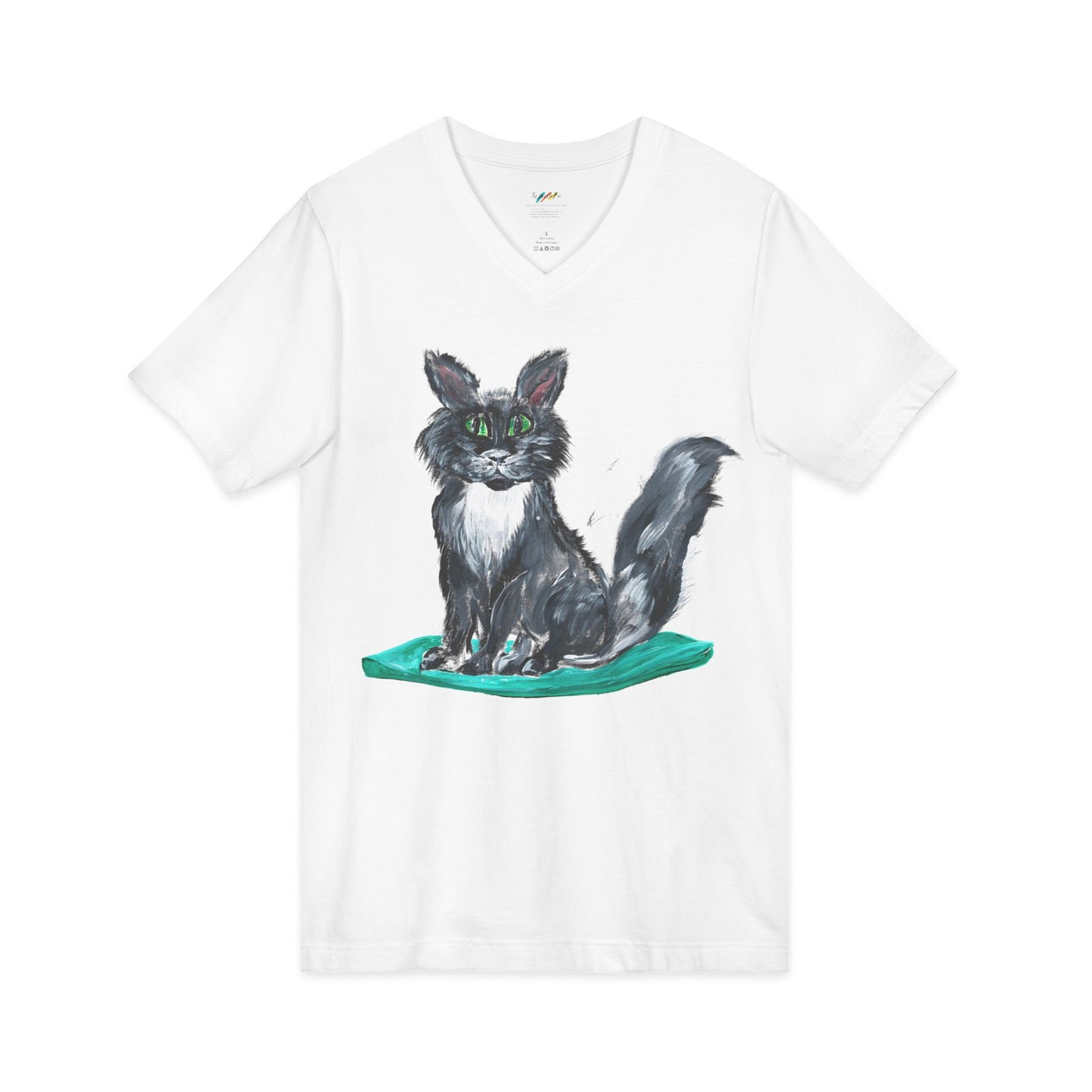 Black and White Kitten Cat Illustration Tee | Hand painted Cat on Green Pillow V-Neck