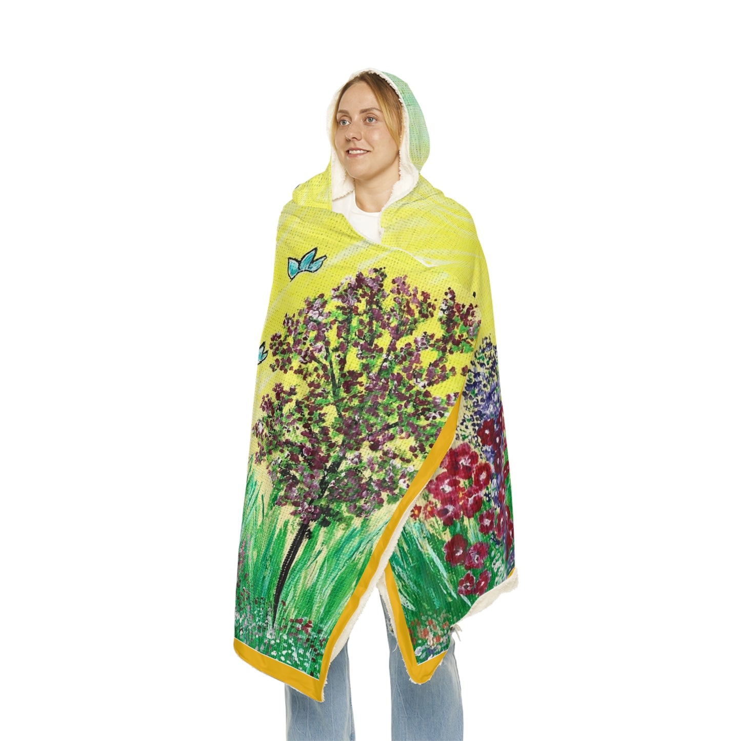 Butterfly Garden Snuggle Blanket | Floral Hooded Throw, Bright Yellow Meadow