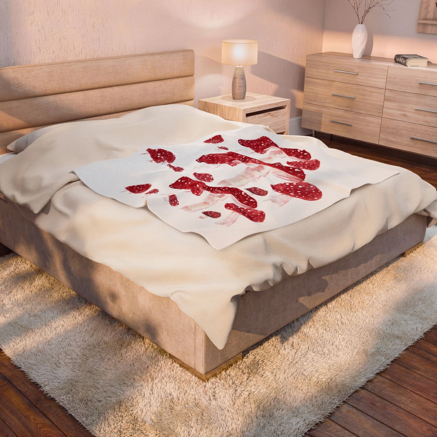Red Mushrooms Illustration Velveteen Blanket | Watercolor Toadstools Pattern
