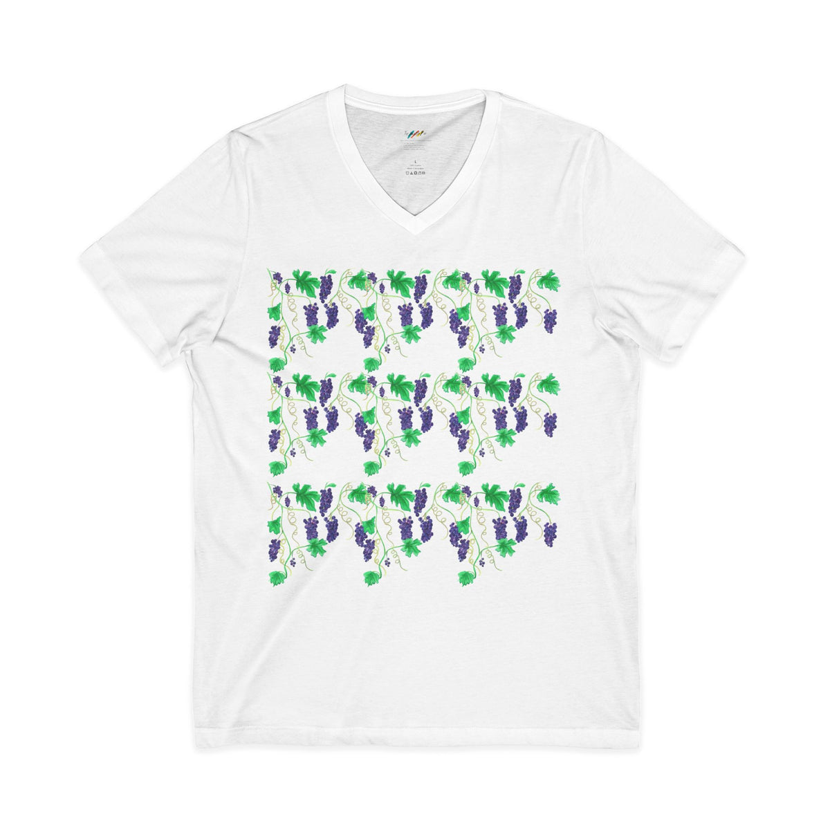 Grape Vine Pattern Tee | Purple Grapes Green Leaves V-Neck Shirt