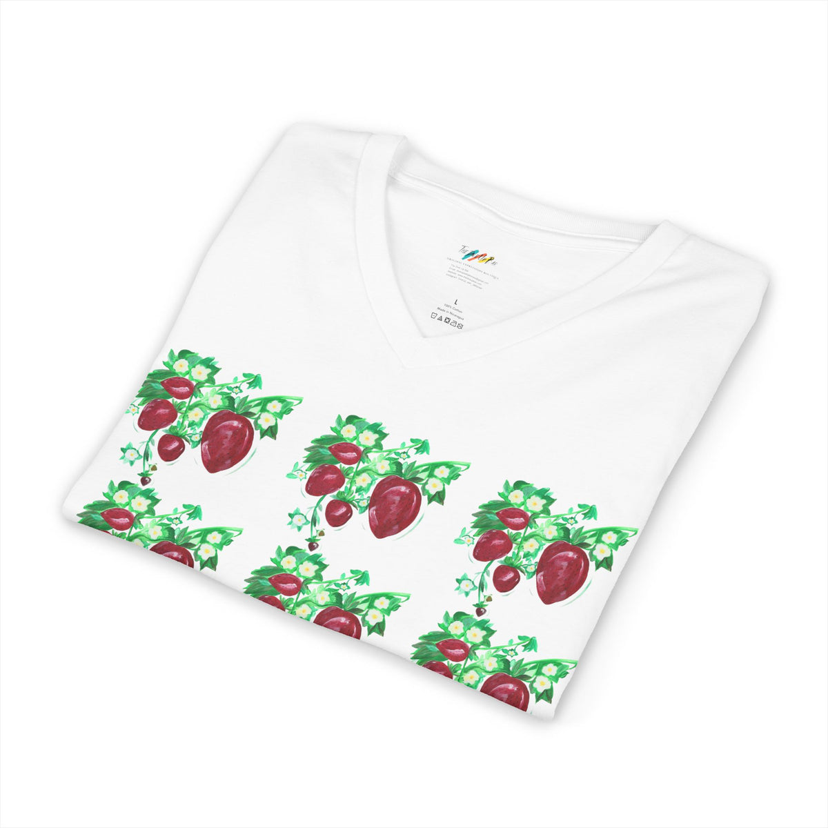 Strawberry Floral Pattern V-Neck T-Shirt