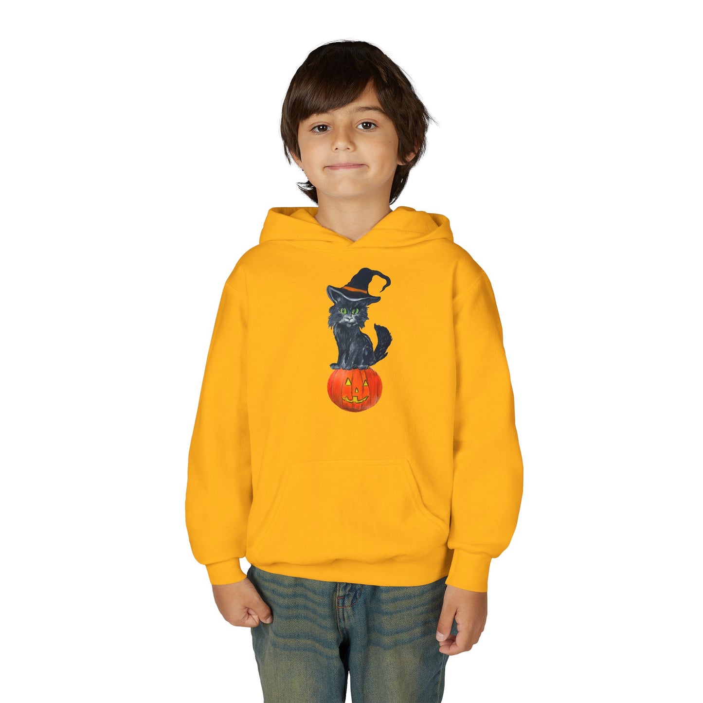 Black Cat Witch on Pumpkin Youth Hoodie | Halloween Kids Sweatshirt