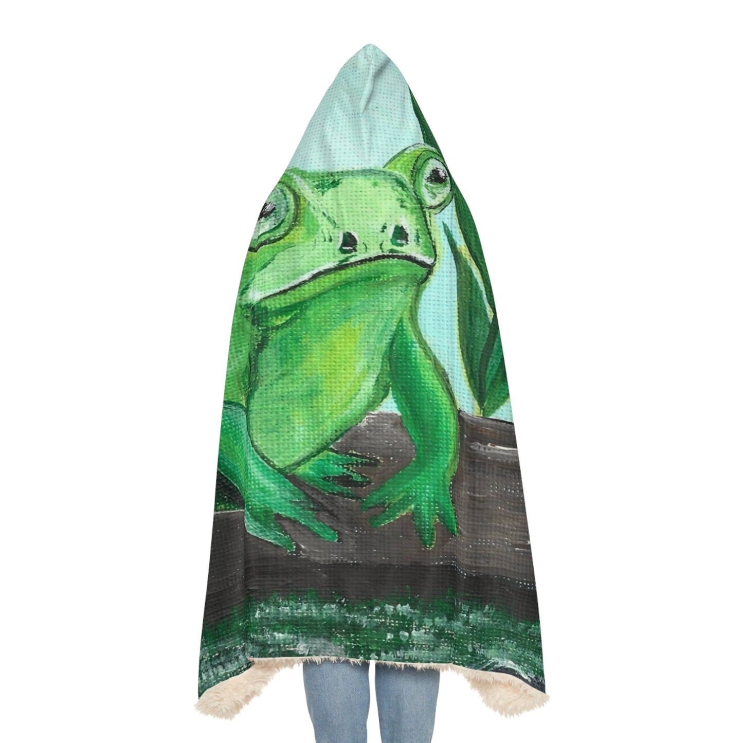 Frog Illustration Snuggle Blanket | Blue Pond Pattern Hooded Throw