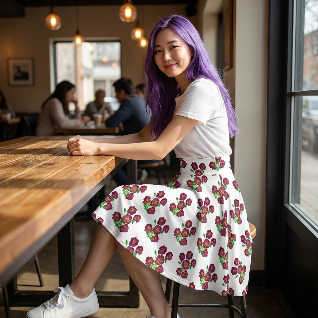 Purple Pansy Floral Pattern Skater Skirt | All-Over Print