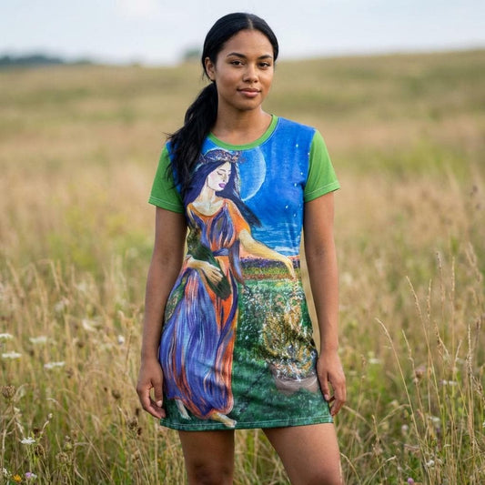Harvest Goddess Painting T-Shirt Dress | Floral Scene, All-Over Print