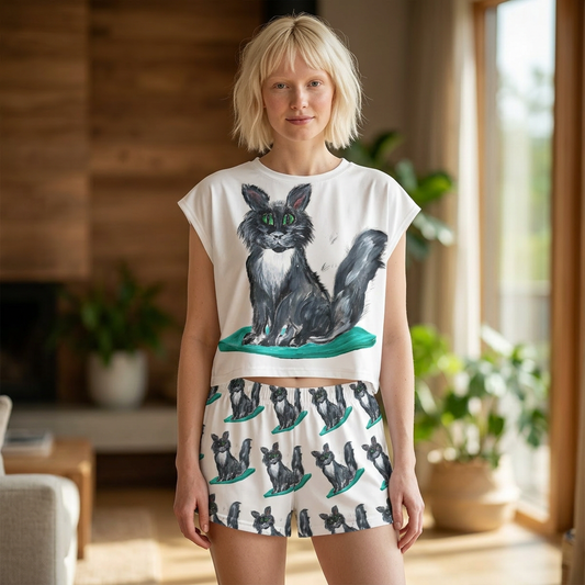 Green-Eyed Black Cat Pajama Set | Short Sleepwear