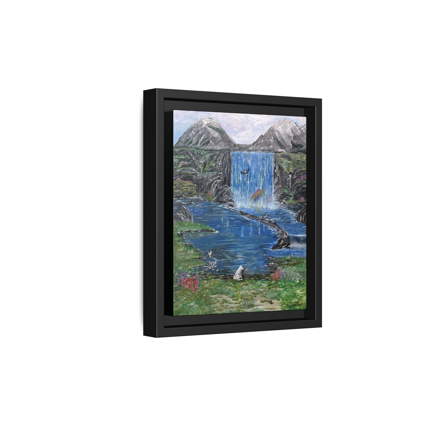 Spirit Under a Pink Sky Wolf Landscape Canvas, Framed Wall Art | Mountain Waterfall