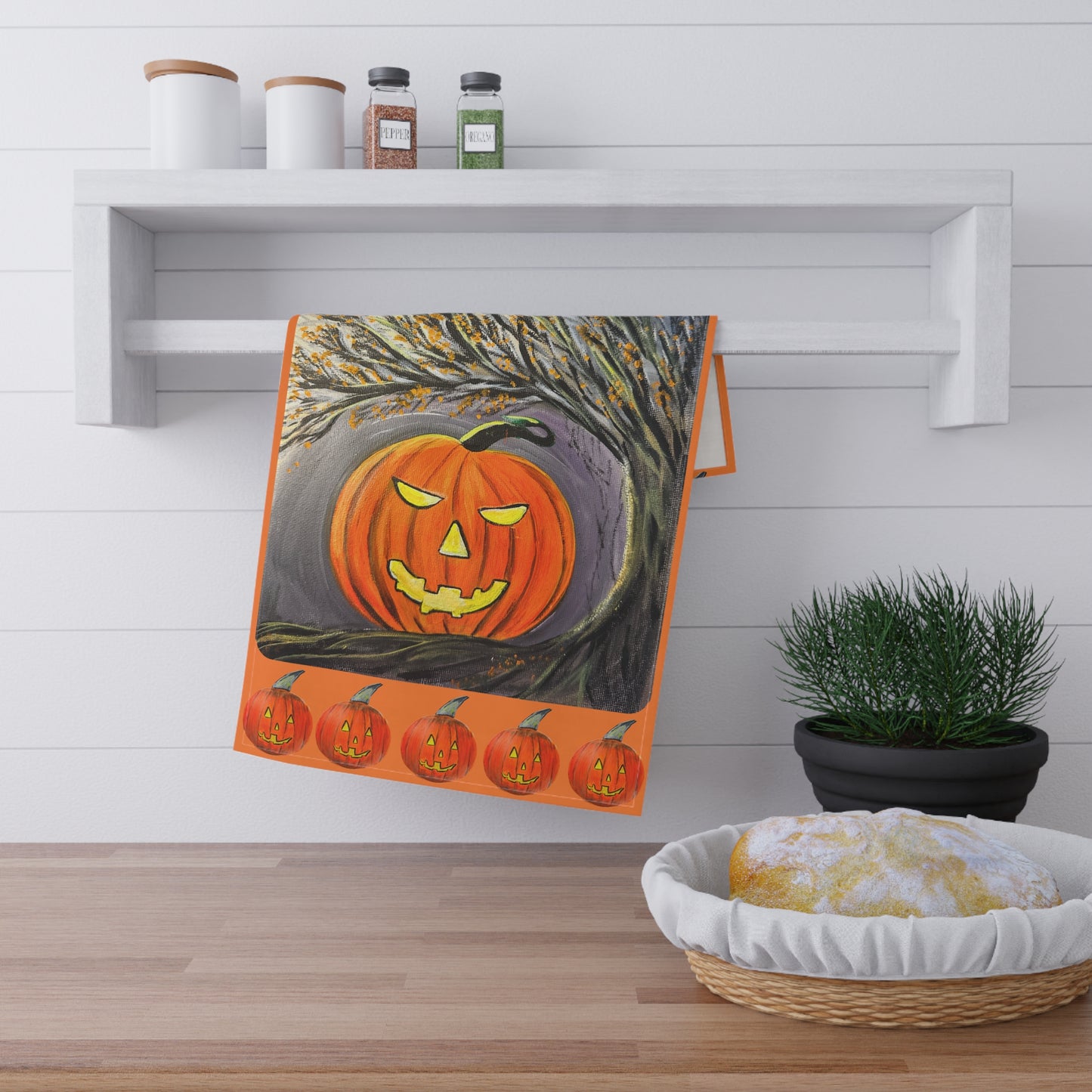 Jack-O'-Lantern Pumpkin Halloween Tea Towel | Spooky Pumpkin Kitchen Towel