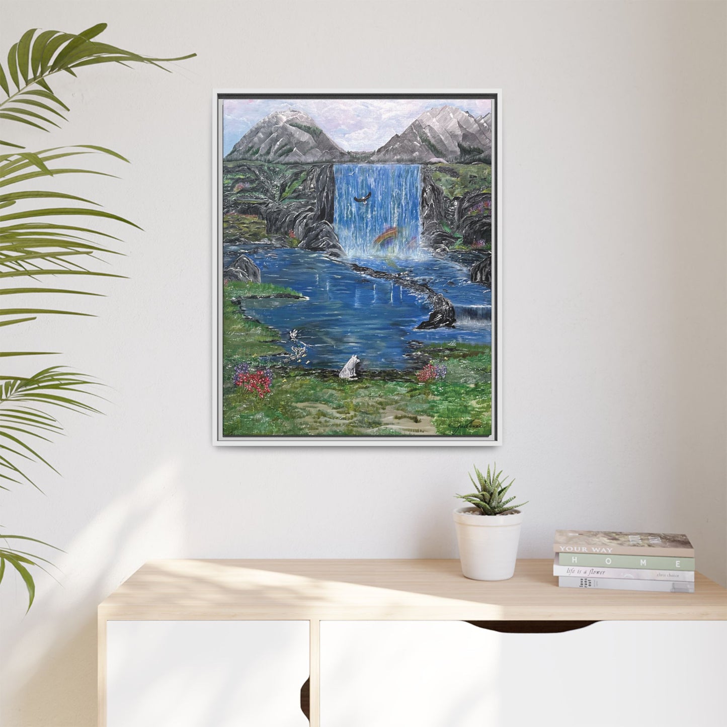Spirit Under a Pink Sky Wolf Landscape Canvas, Framed Wall Art | Mountain Waterfall