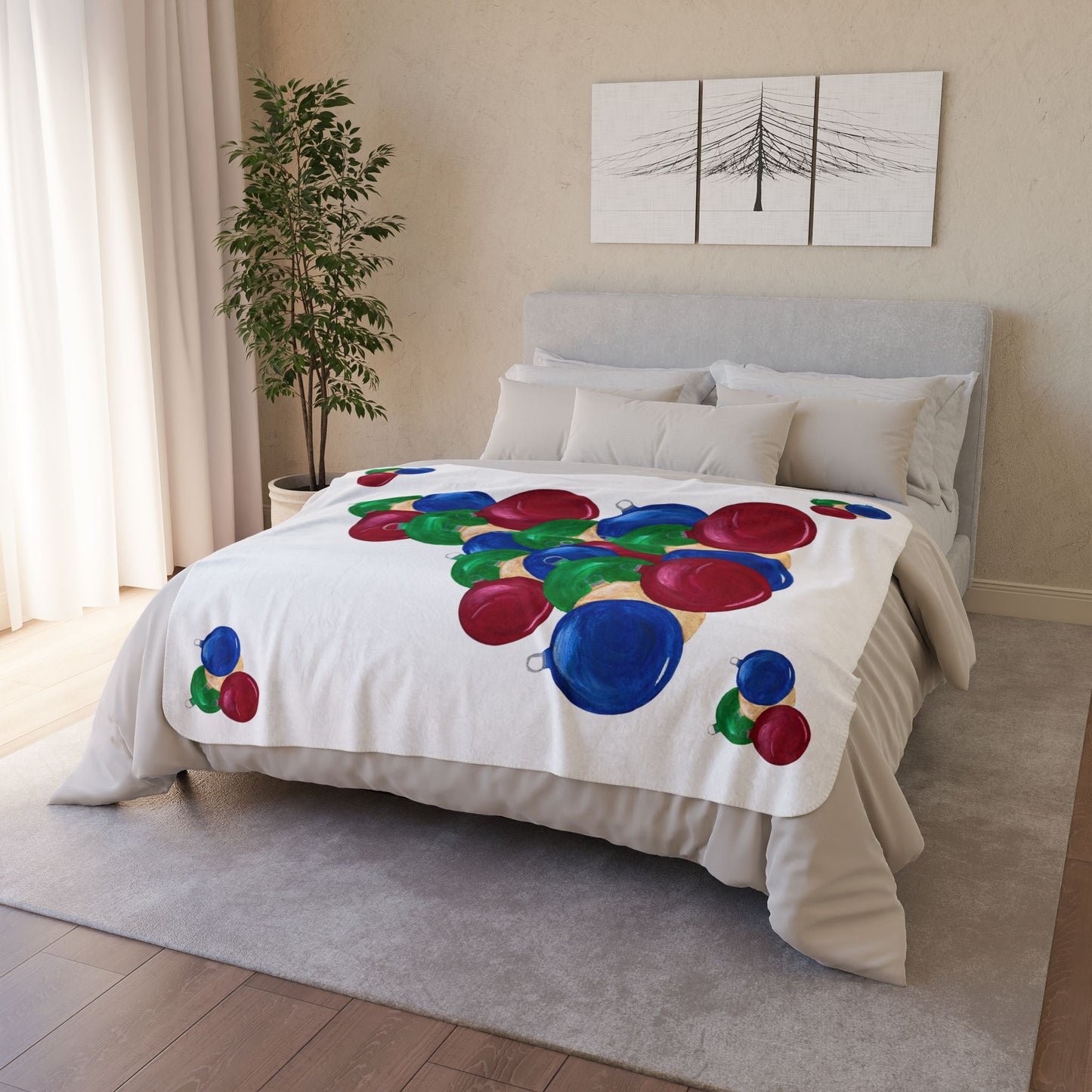 Cozy Holiday Fleece Sherpa Blanket, Festive Throw for Christmas, Ornaments Design, Perfect Gift for Winter, Holiday Decor, Snuggle Up