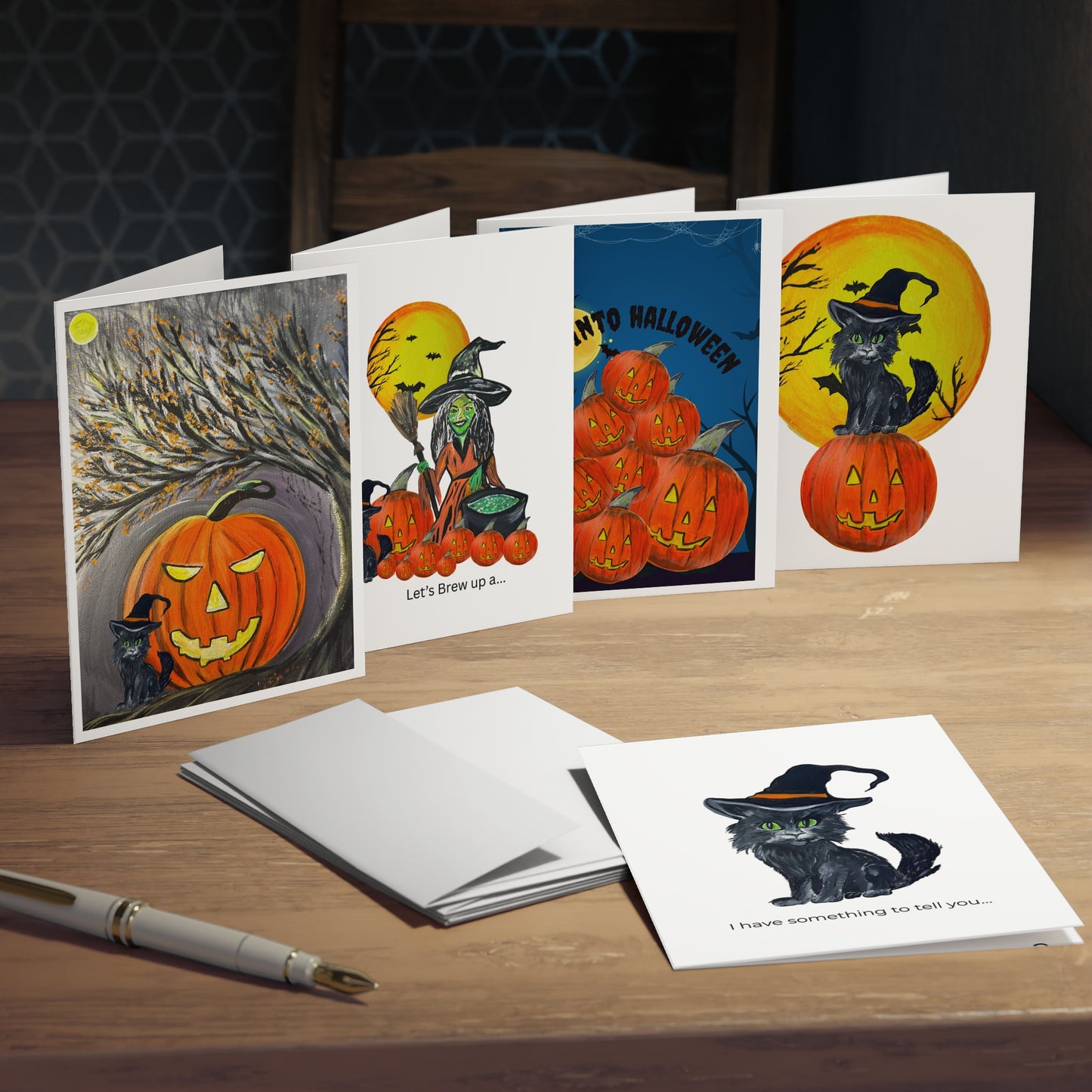 Halloween Cat Greeting Cards – 5-Pack Assorted Spooky Pumpkin Designs