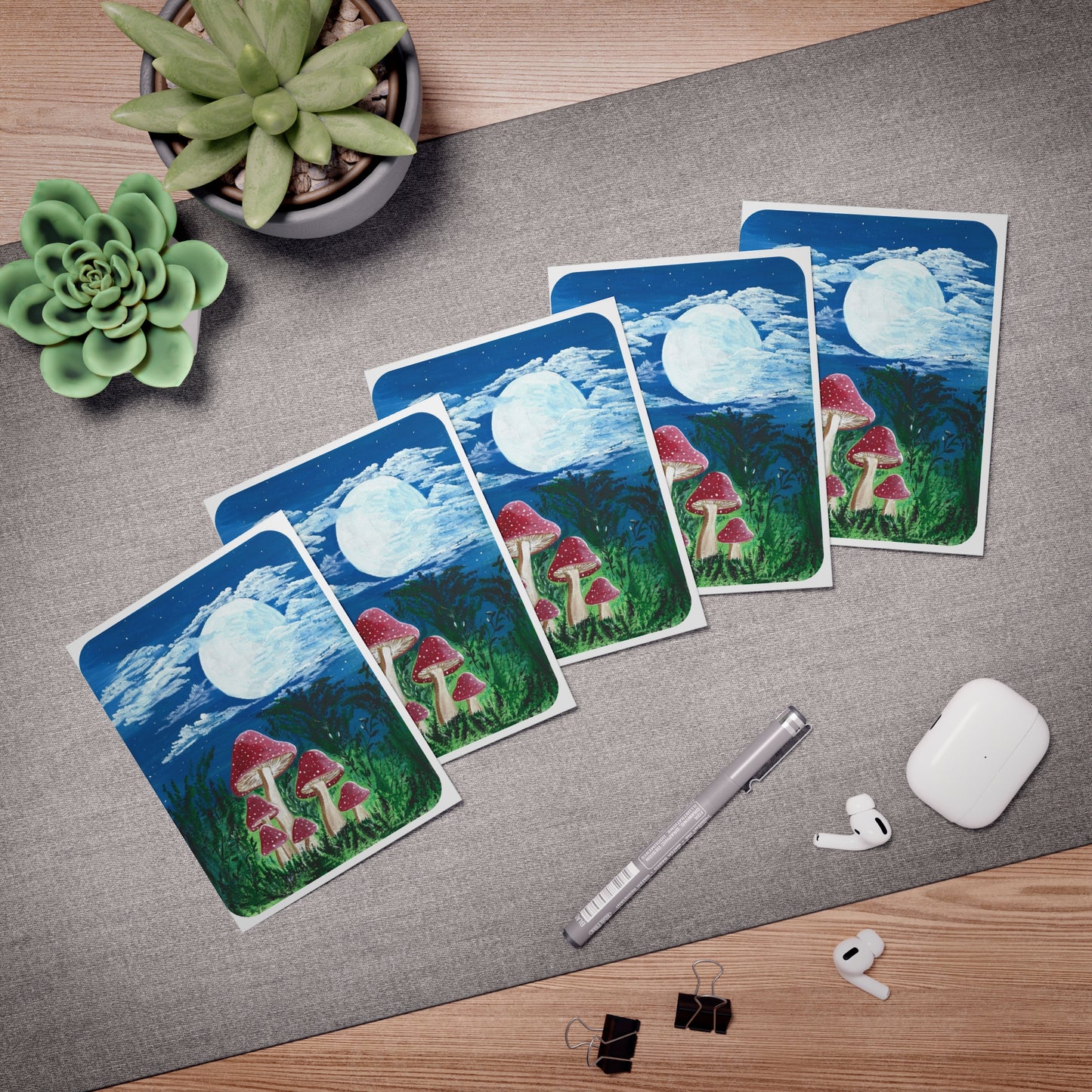 Greeting Card Set - Magically Moonlit Mushrooms (5-Pack)