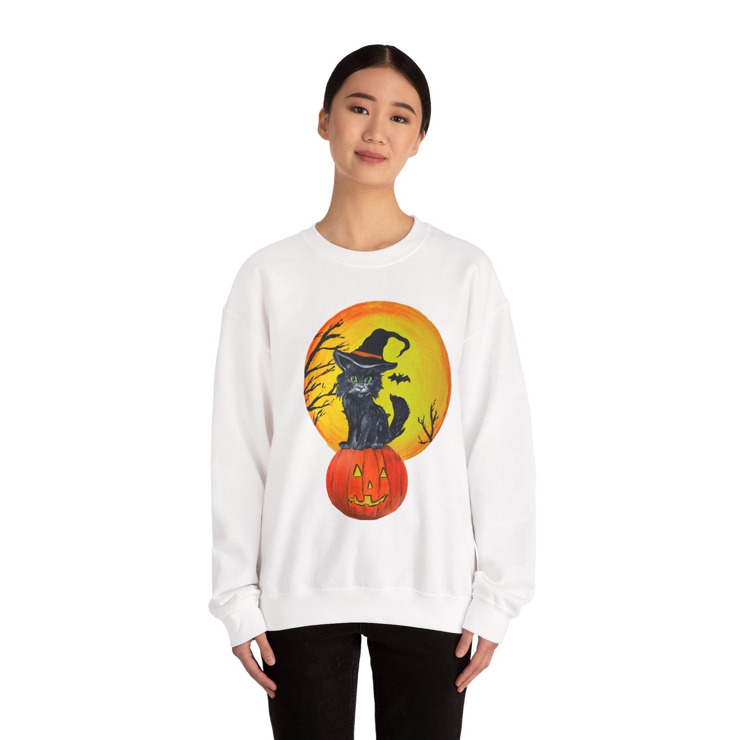 Whimsical Witchy Halloween Kitten Crewneck Sweatshirt, Cute Autumn Moon, Spooky Cat on Jack-O'Lantern, Fall Season Pullover,