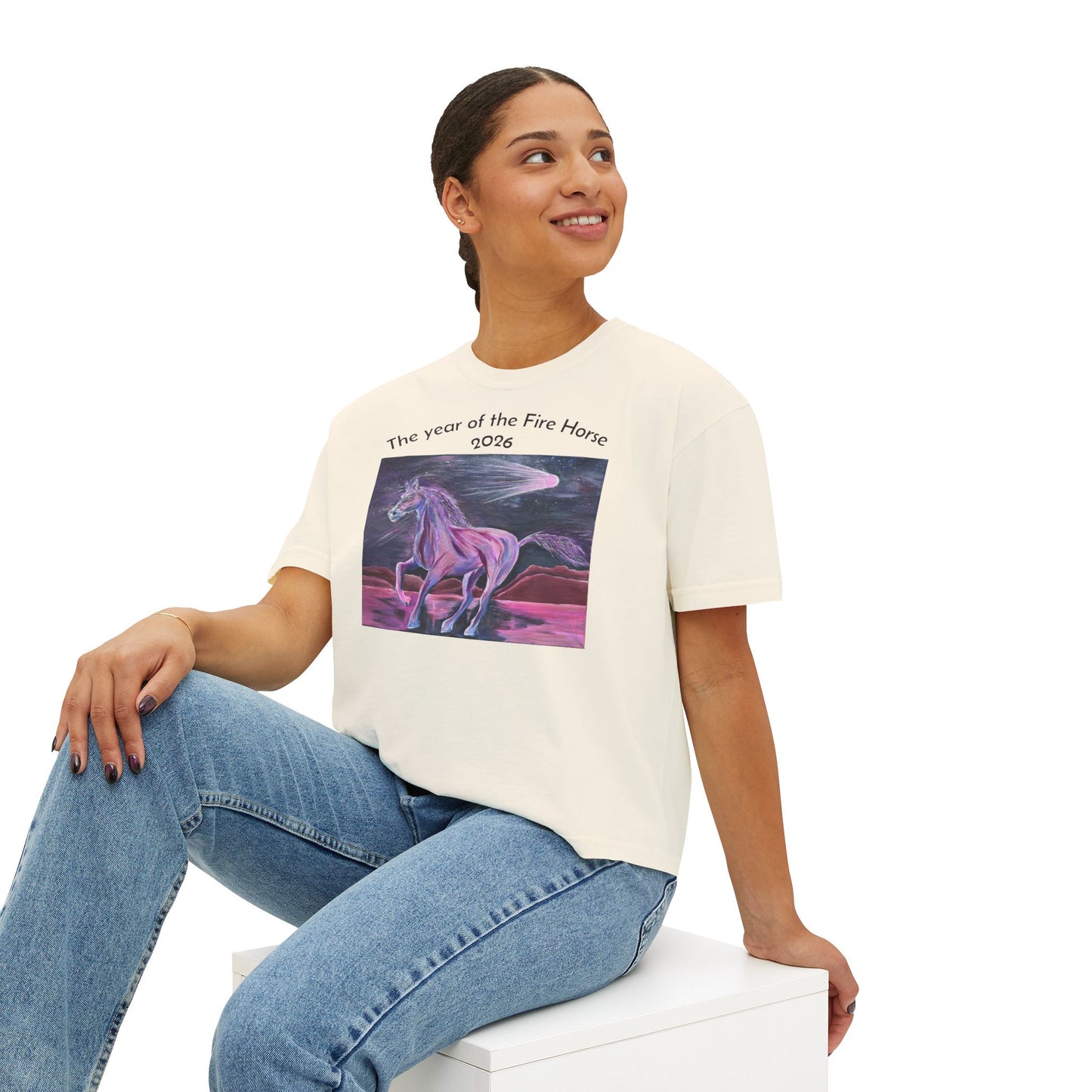 Year of the Fire Horse 2026 Women's Boxy Tee | Cosmic Colorful Fire Horse Design