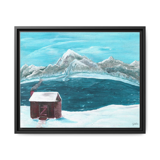 Snowy Cabin Lake Painting Matte Canvas Framed | Winter Landscape Wall Art