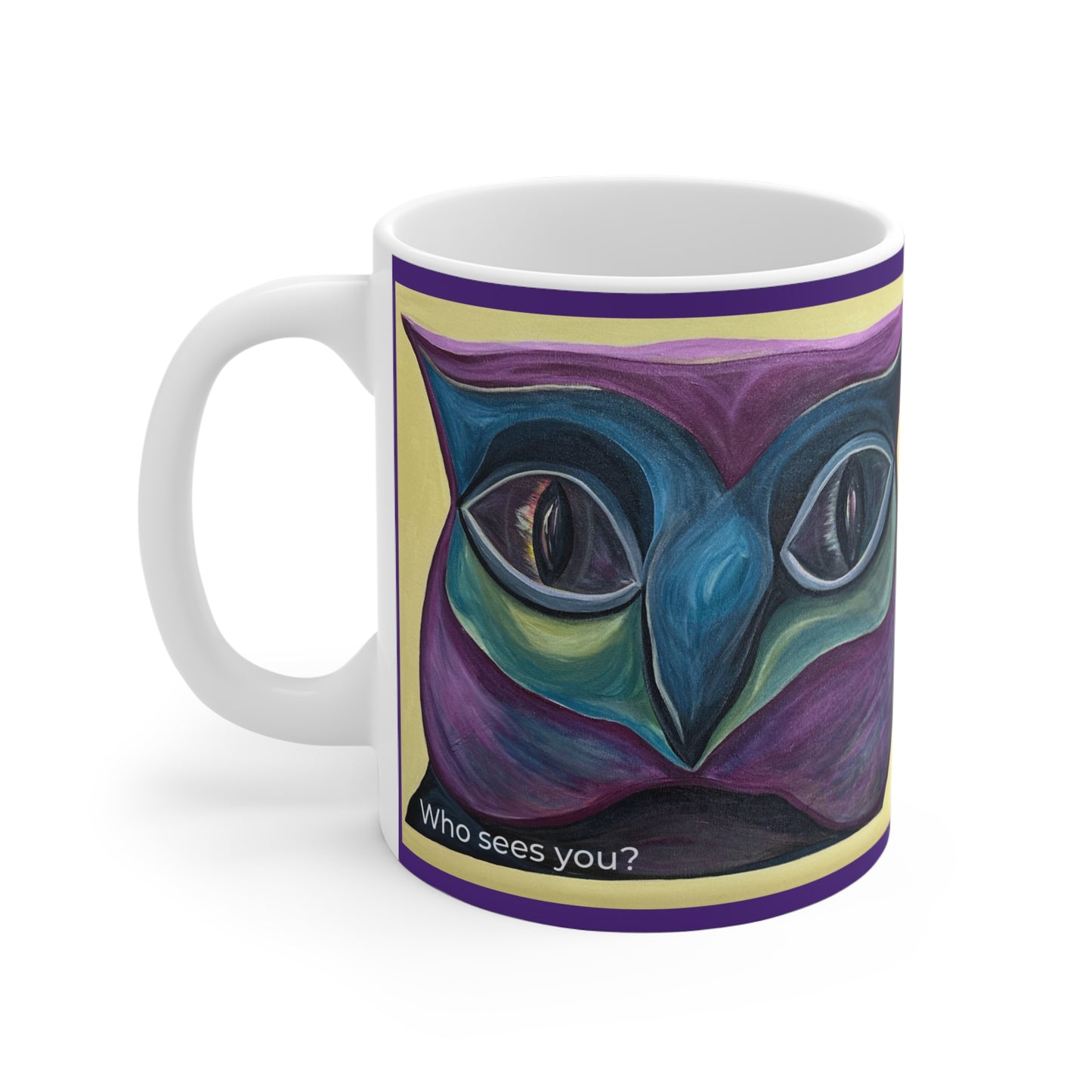 Colorful Owl Face Mug | Abstract Night Owl Art, Purple Teal Ceramic