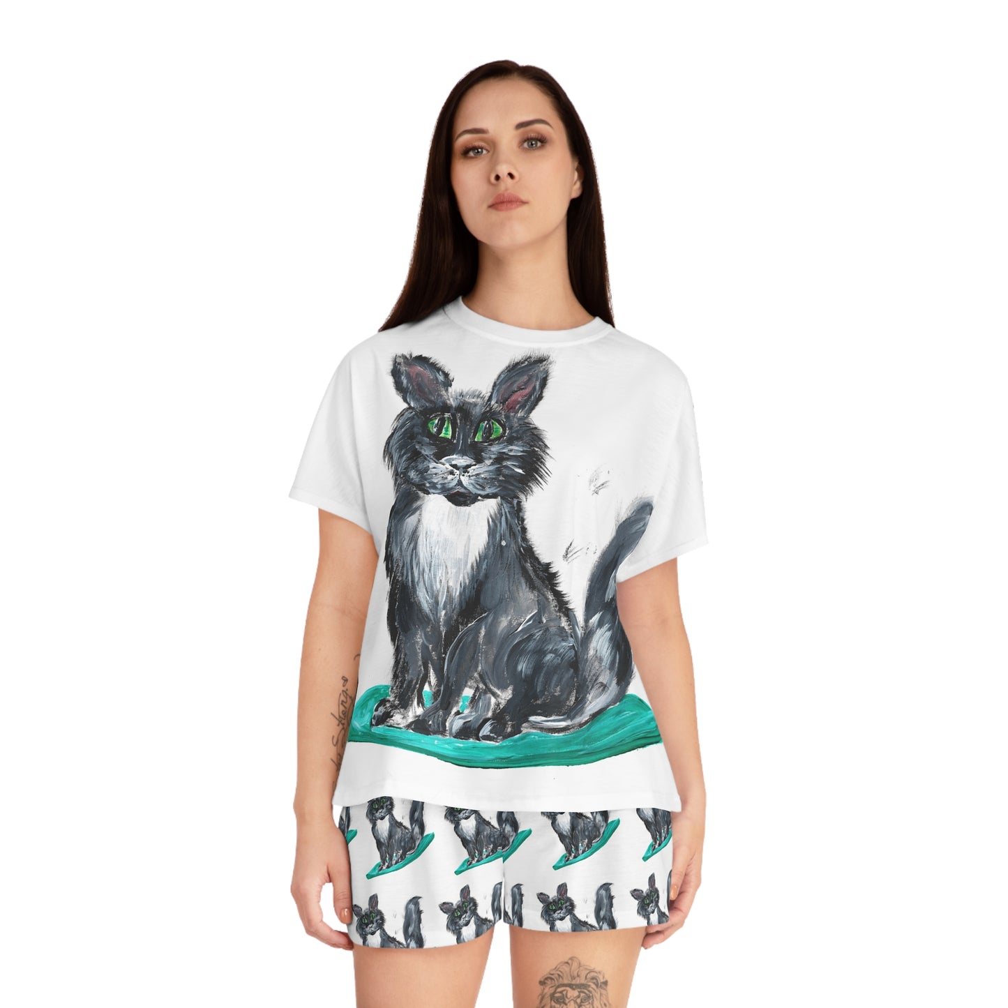 Green-Eyed Black Cat Pajama Set | Short Sleepwear