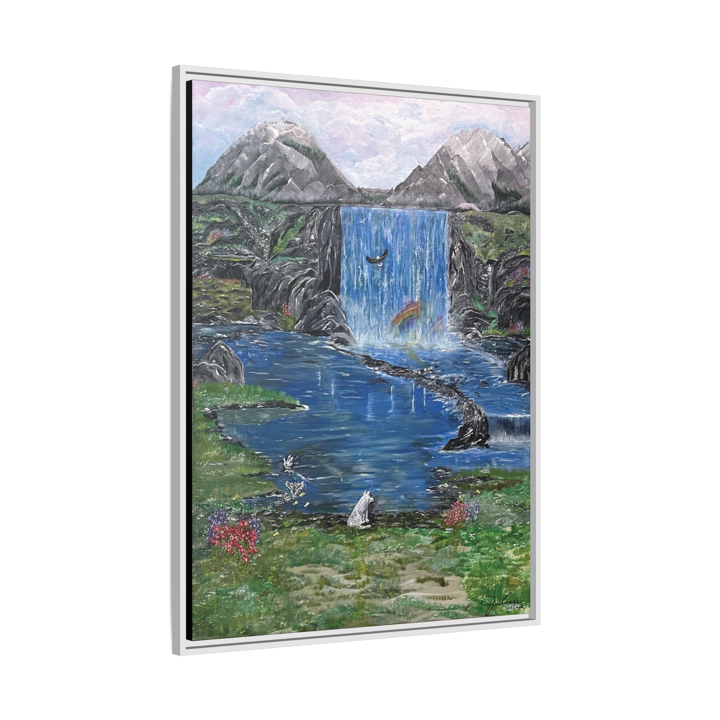 Spirit Under a Pink Sky Wolf Landscape Canvas, Framed Wall Art | Mountain Waterfall
