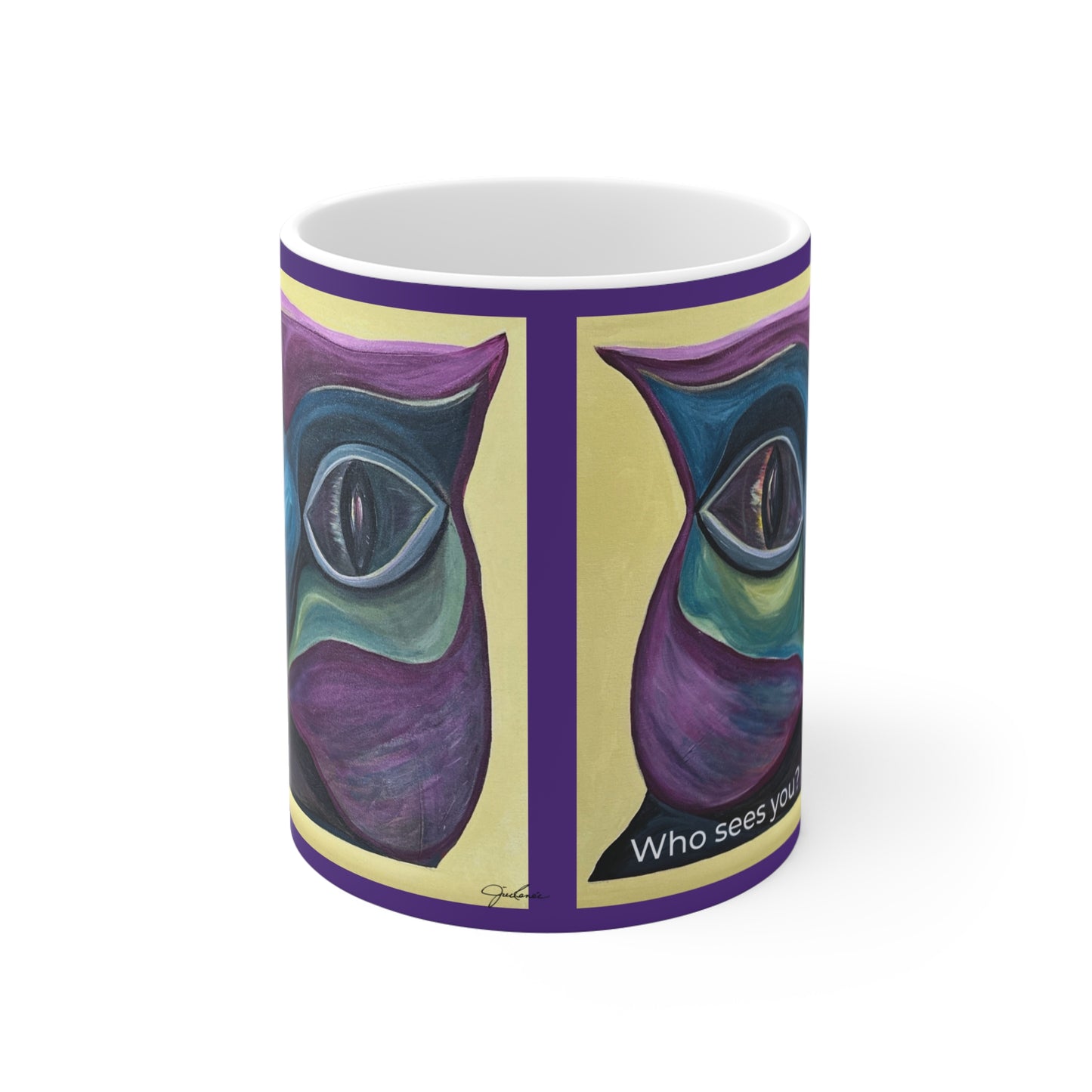Colorful Owl Face Mug | Abstract Night Owl Art, Purple Teal Ceramic
