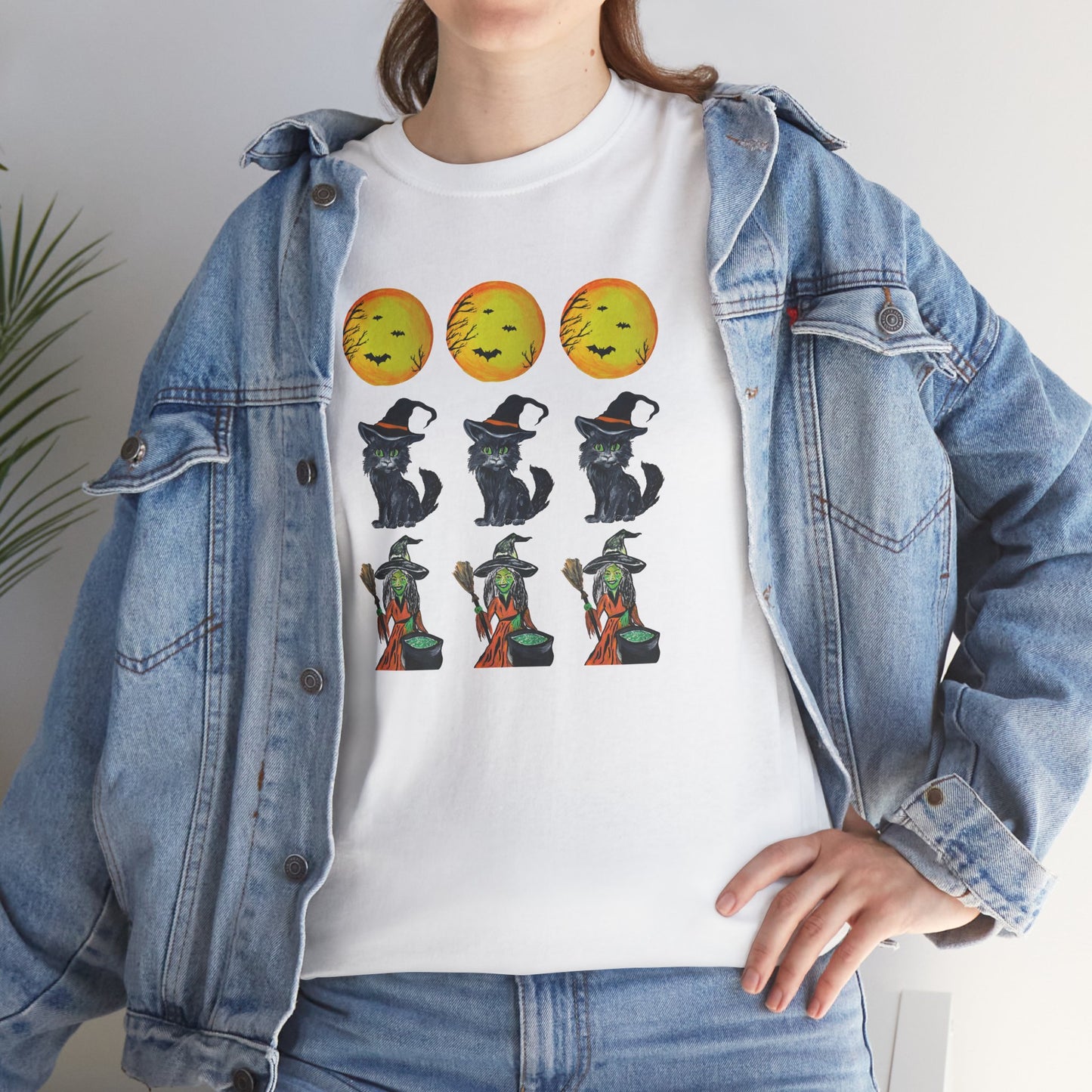 Halloween Moon Witch Kitten Tee, Cute Halloween Apparel, Unisex Shirt, Spooky Shirt, Halloween Graphic Tee, Halloween Gift