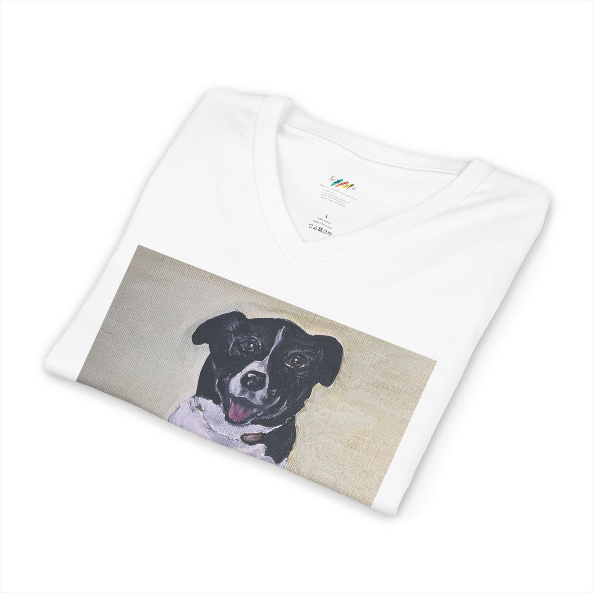 Black and White Dog Portrait V-Neck Tee | Border Collie Style original art tee