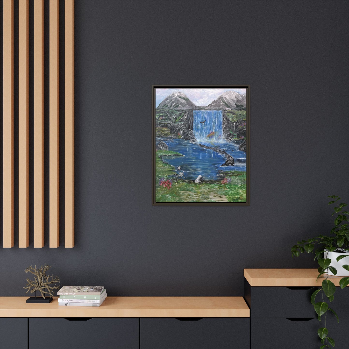 Spirit Under a Pink Sky Wolf Landscape Canvas, Framed Wall Art | Mountain Waterfall