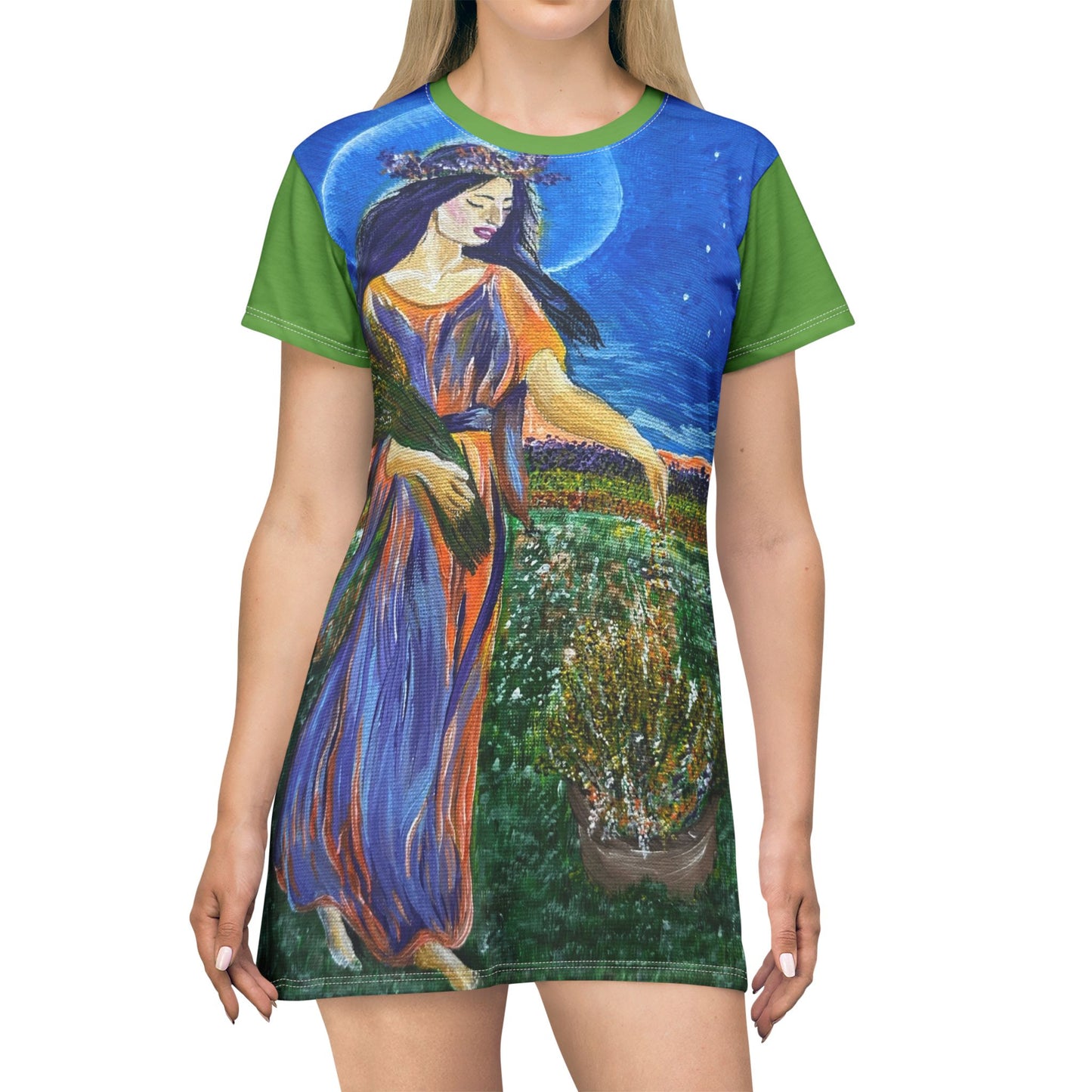 Harvest Goddess Painting T-Shirt Dress | Floral Scene, All-Over Print