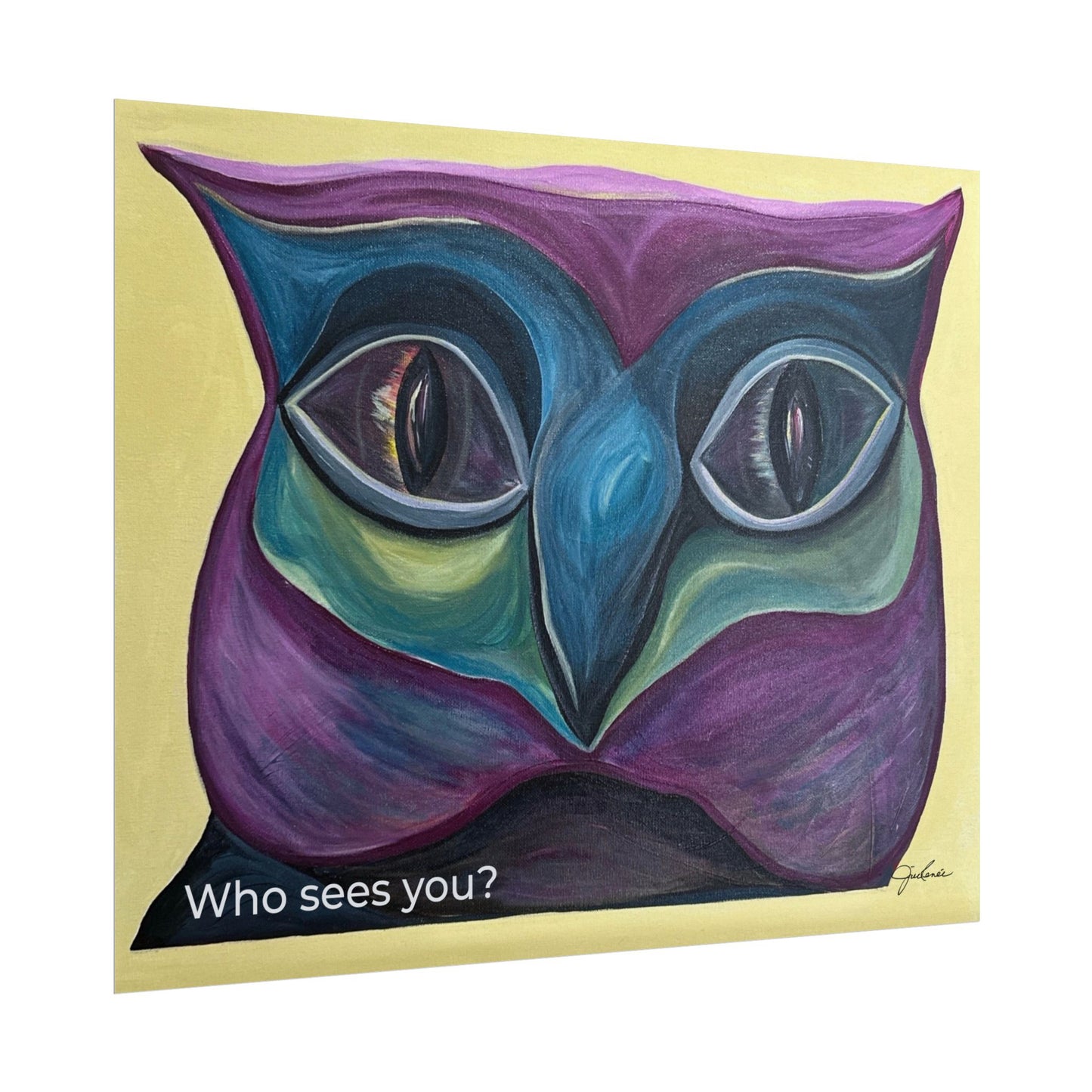 Who Sees You? Owl Face Rolled Poster | Surreal Colorful Catlike Owl Art Print