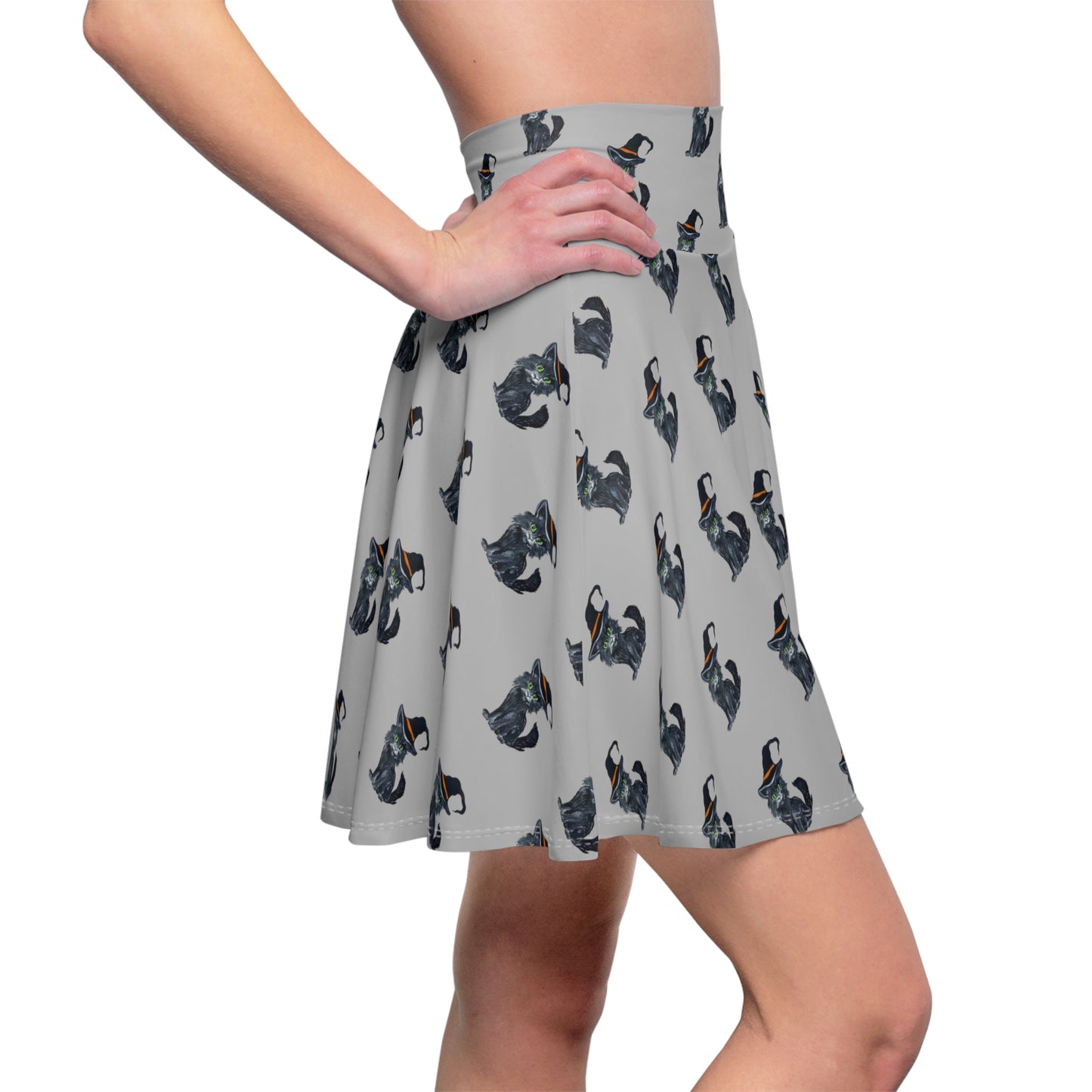 Black Cat Pattern Women's Skater Skirt | Halloween Cat Print Skater Skirt