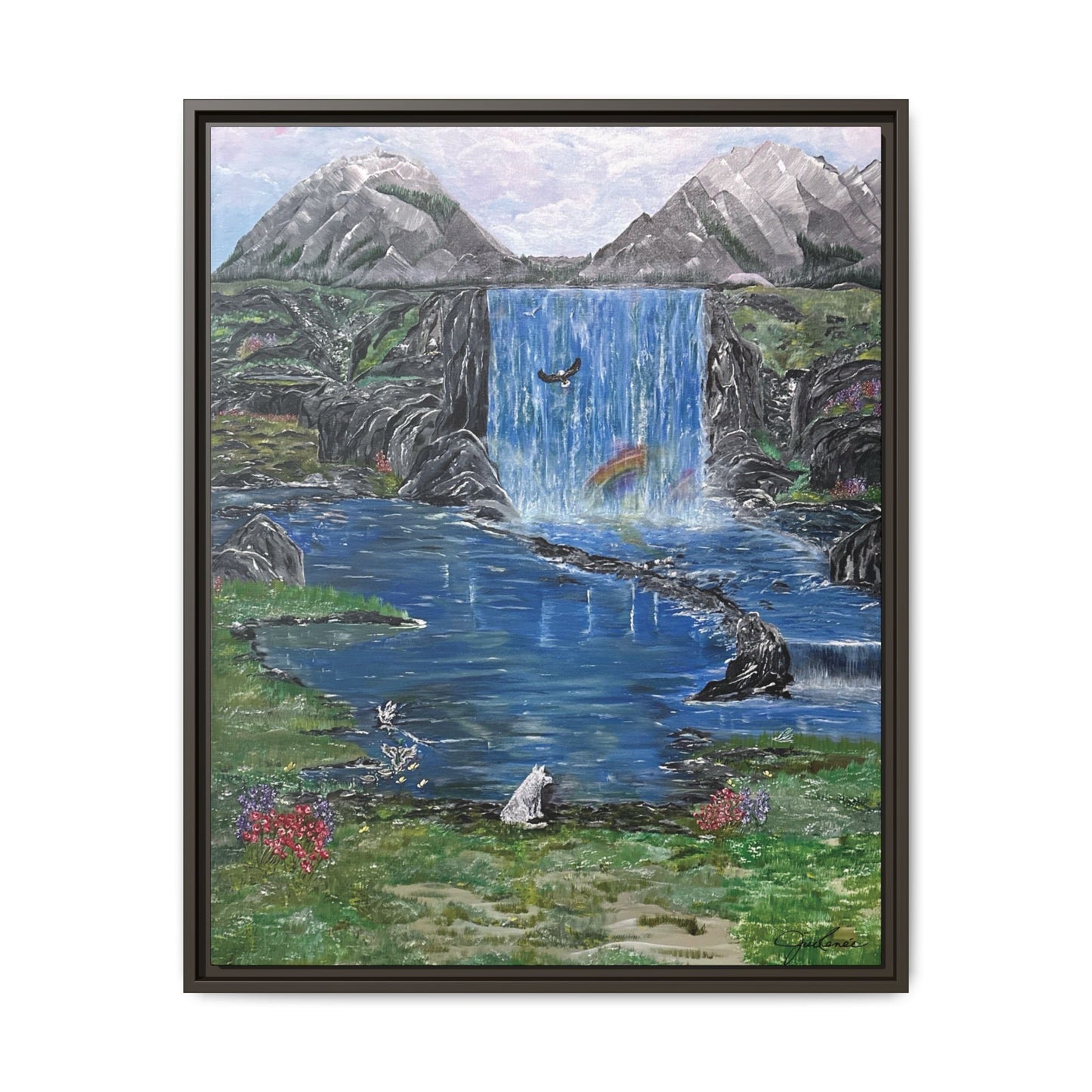 Spirit Under a Pink Sky Wolf Landscape Canvas, Framed Wall Art | Mountain Waterfall