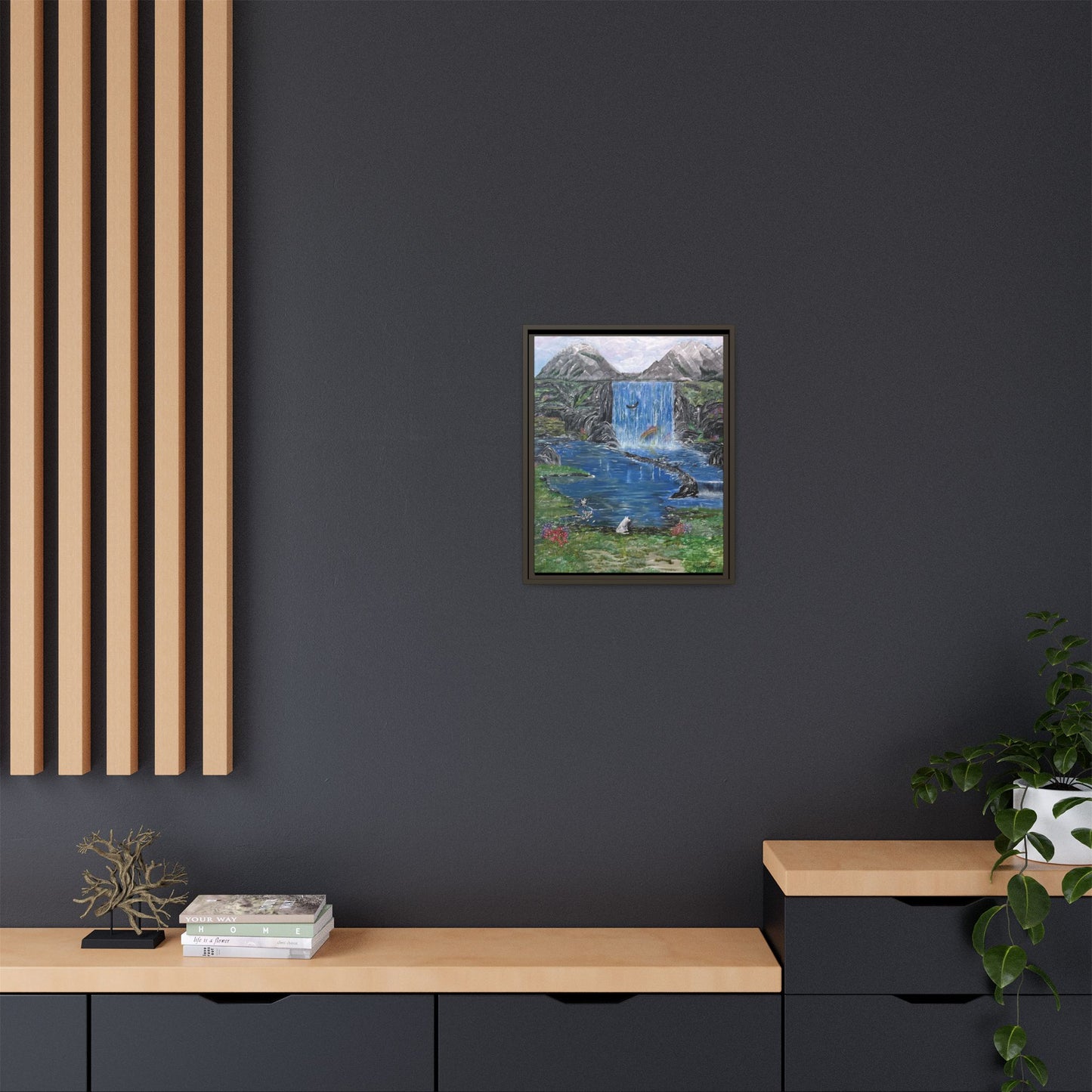 Spirit Under a Pink Sky Wolf Landscape Canvas, Framed Wall Art | Mountain Waterfall