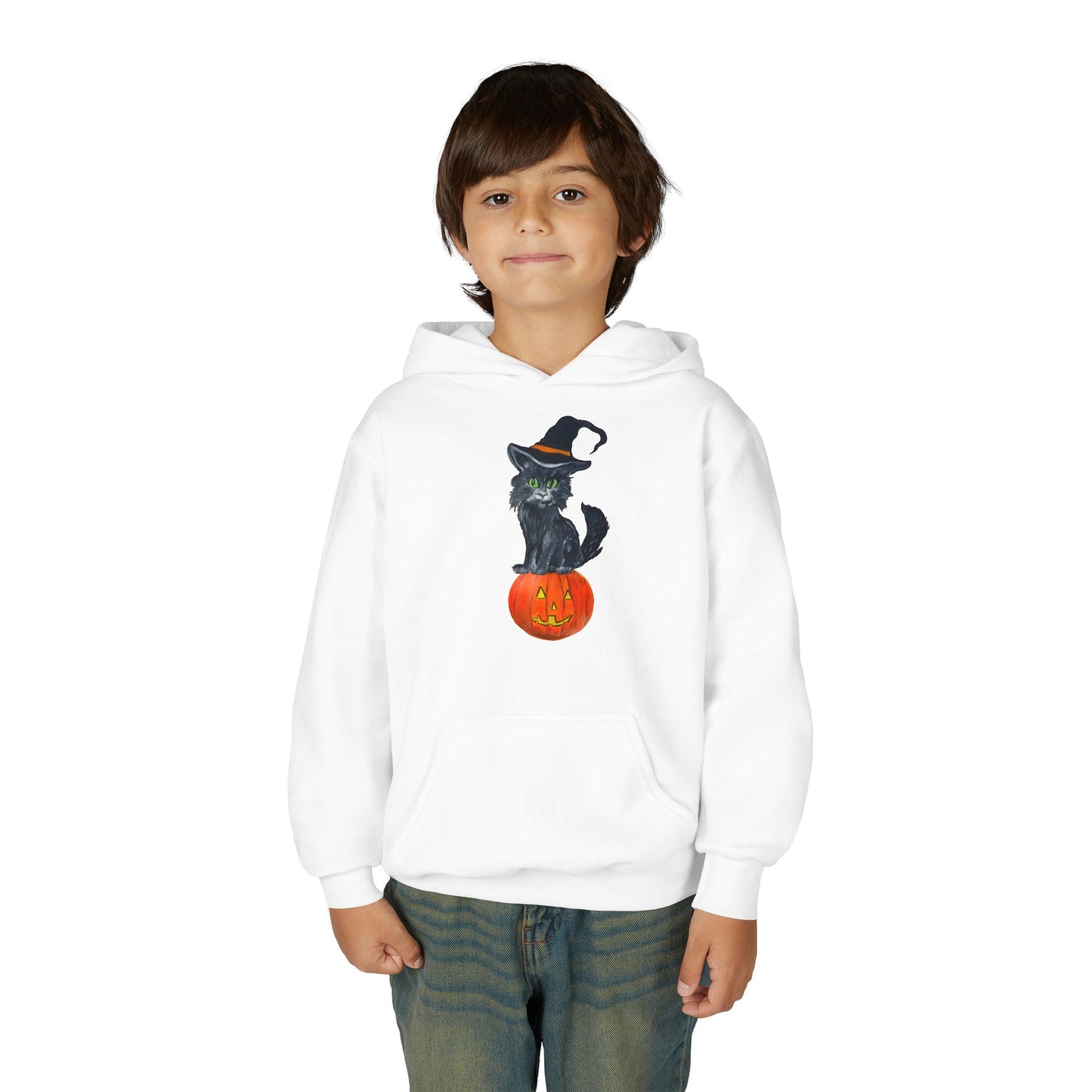Black Cat Witch on Pumpkin Youth Hoodie | Halloween Kids Sweatshirt