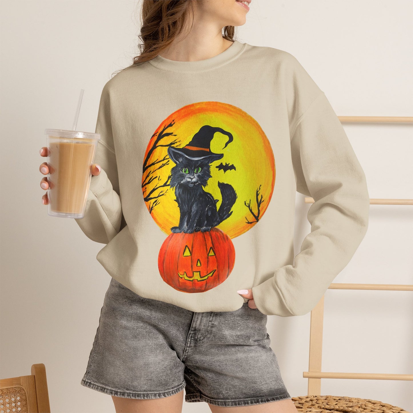 Witch Cat on Pumpkin Crewneck Sweatshirt | Halloween Black Cat Moon
