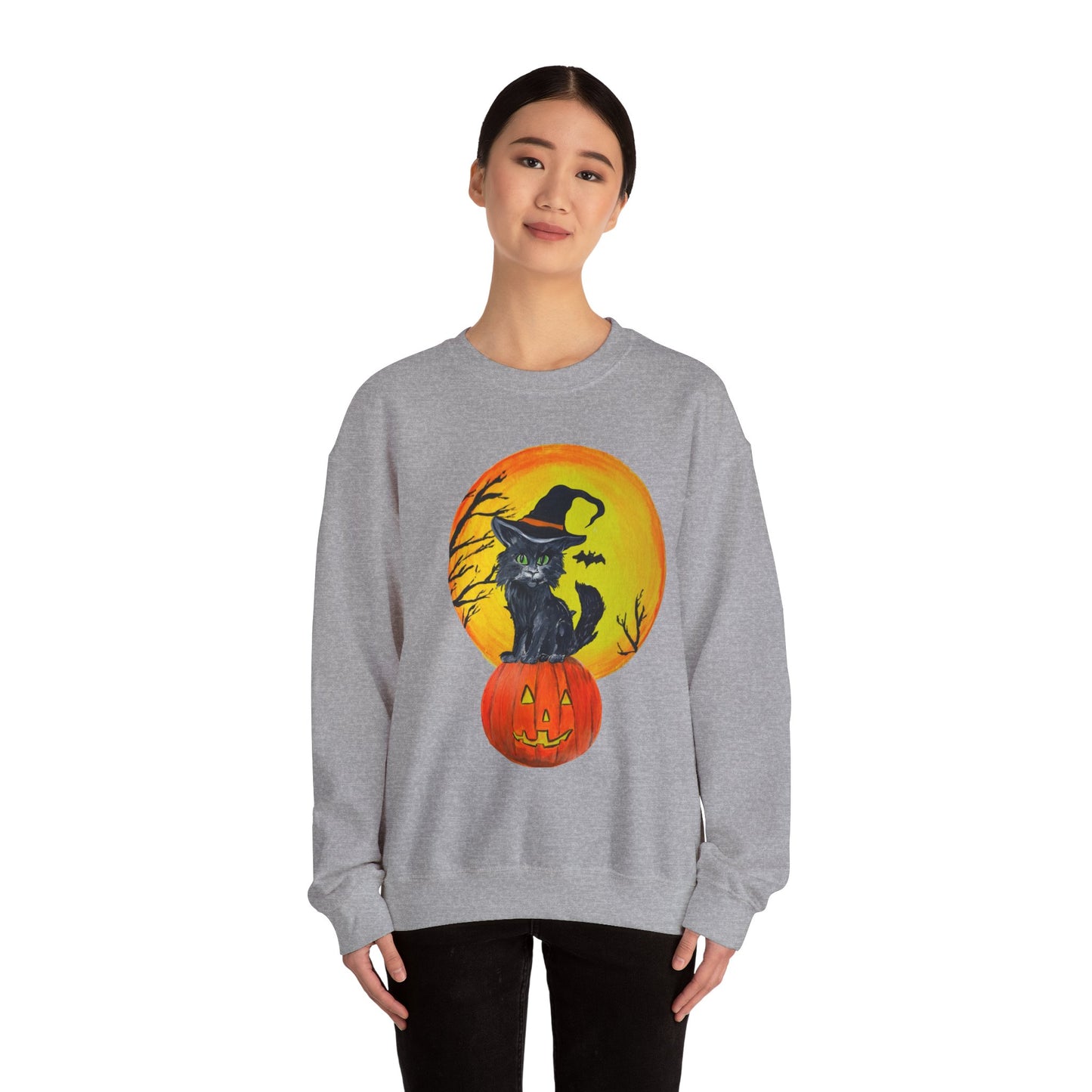 Whimsical Witchy Halloween Kitten Crewneck Sweatshirt, Cute Autumn Moon, Spooky Cat on Jack-O'Lantern, Fall Season Pullover,