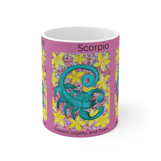 Scorpio Ceramic Mug - Colorful Artwork - Passion, Loyalty, Truth - Blooming Flowers - Coffee Cup, Tea Mug, Astrology Gift, Birthday Present,