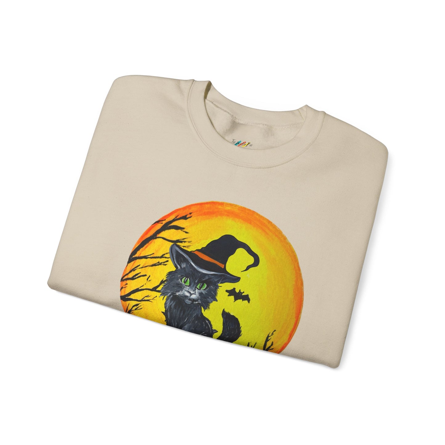 Whimsical Witchy Halloween Kitten Crewneck Sweatshirt, Cute Autumn Moon, Spooky Cat on Jack-O'Lantern, Fall Season Pullover,