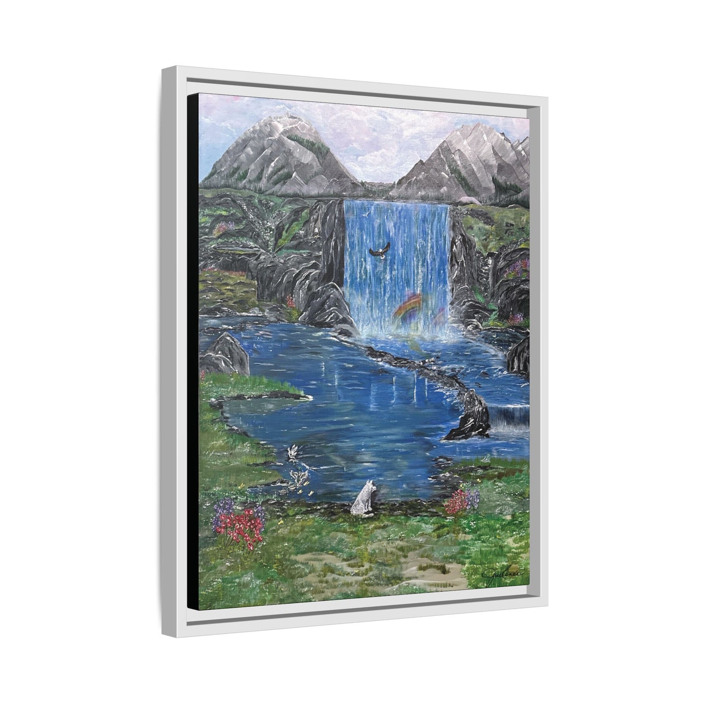 Spirit Under a Pink Sky Wolf Landscape Canvas, Framed Wall Art | Mountain Waterfall