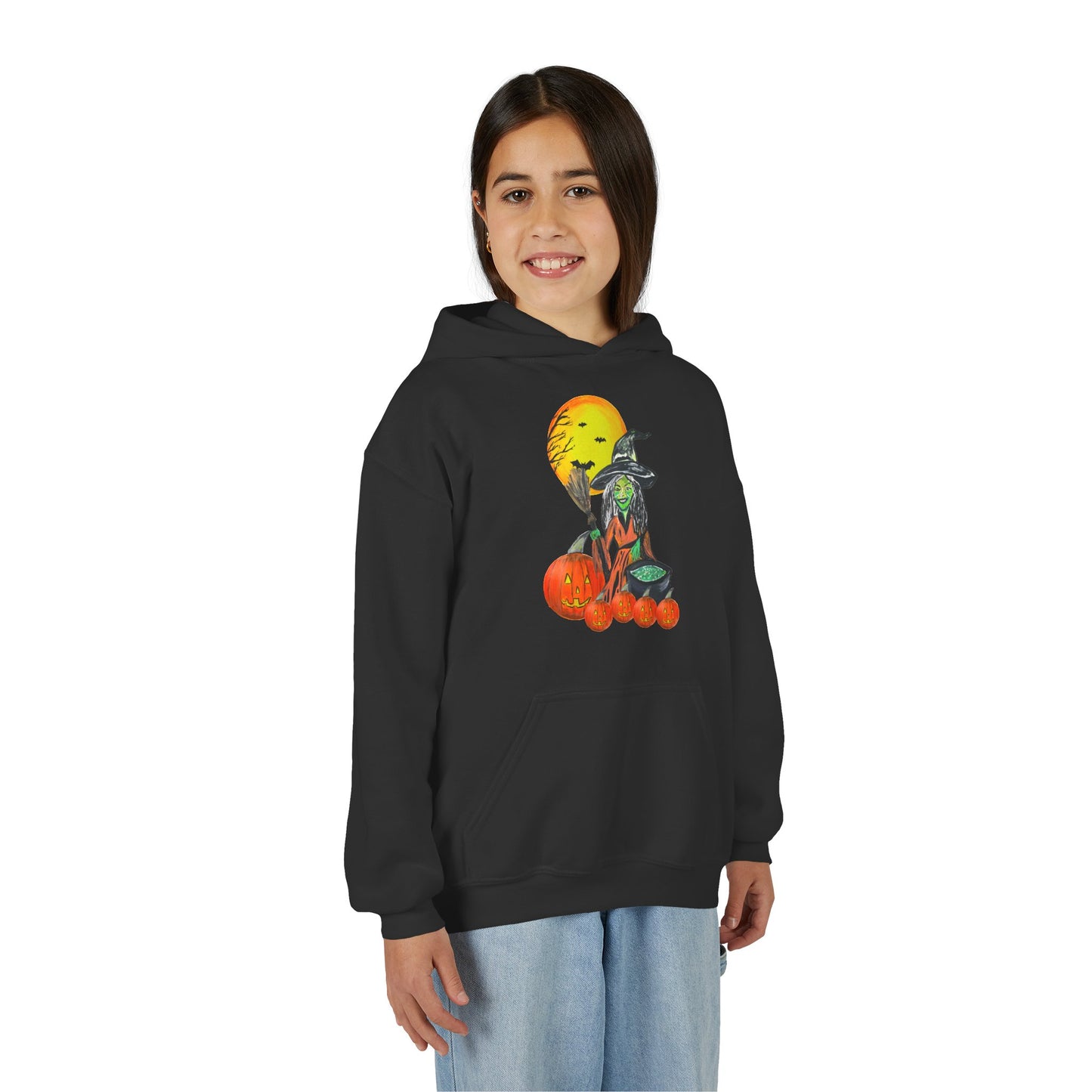 Spooky Pumpkin Witch Youth Hoodie | Halloween Sweatshirt, Fall Fashion, Cozy Outfit, Gift for Kids, Witch Costume