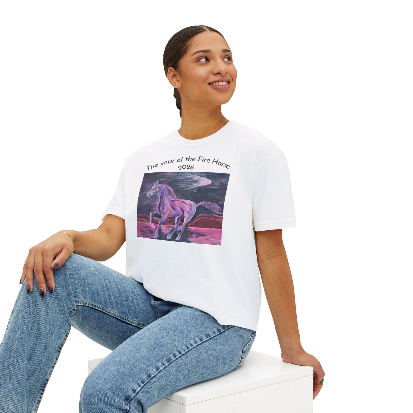 Year of the Fire Horse 2026 Women's Boxy Tee | Cosmic Colorful Fire Horse Design