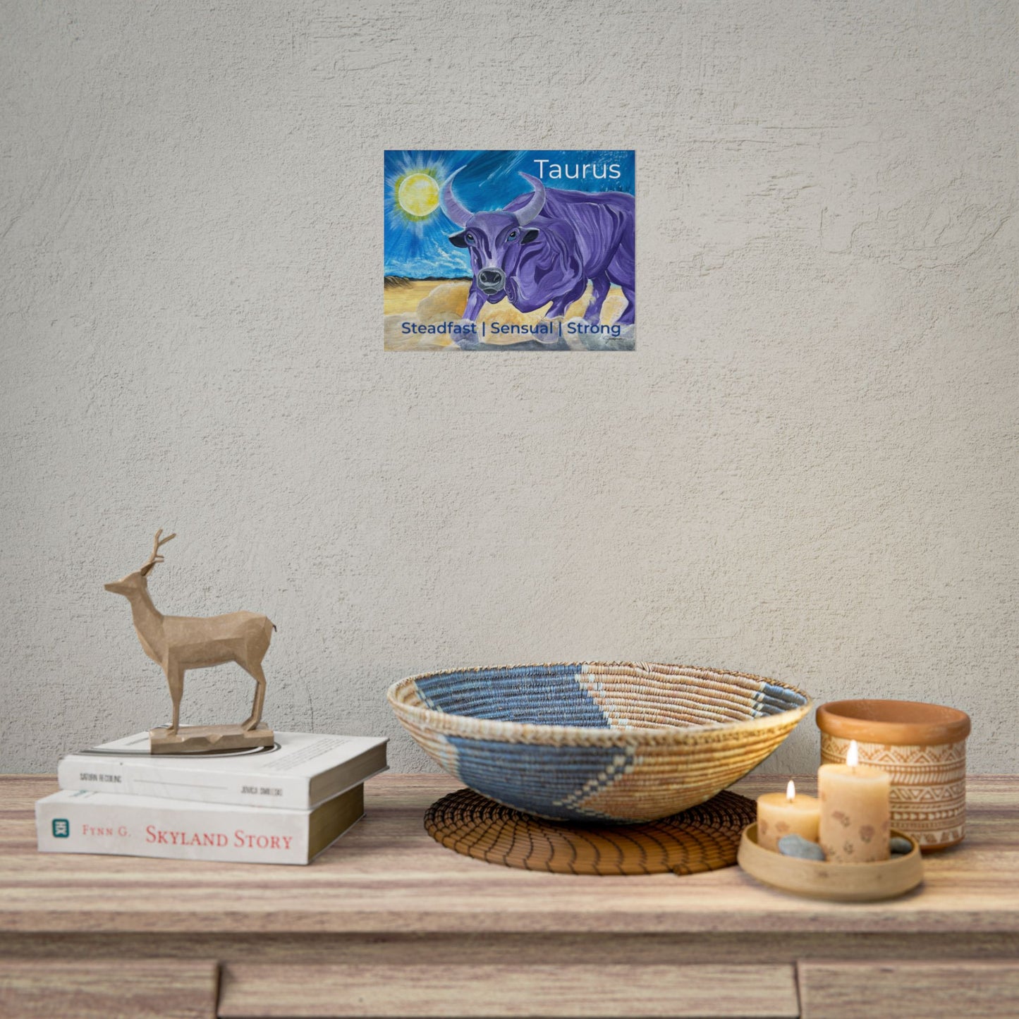 Taurus Purple Bull Artwork Poster | Surreal Zodiac Illustration, Sunlit Landscape