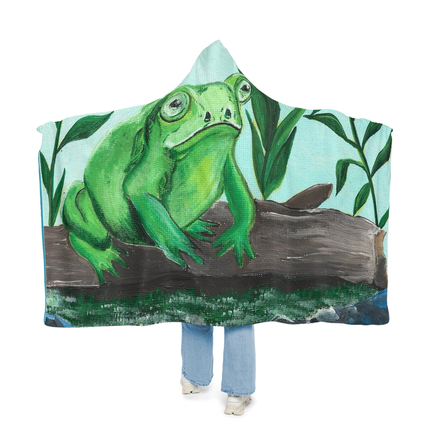 Frog Illustration Snuggle Blanket | Blue Pond Pattern Hooded Throw